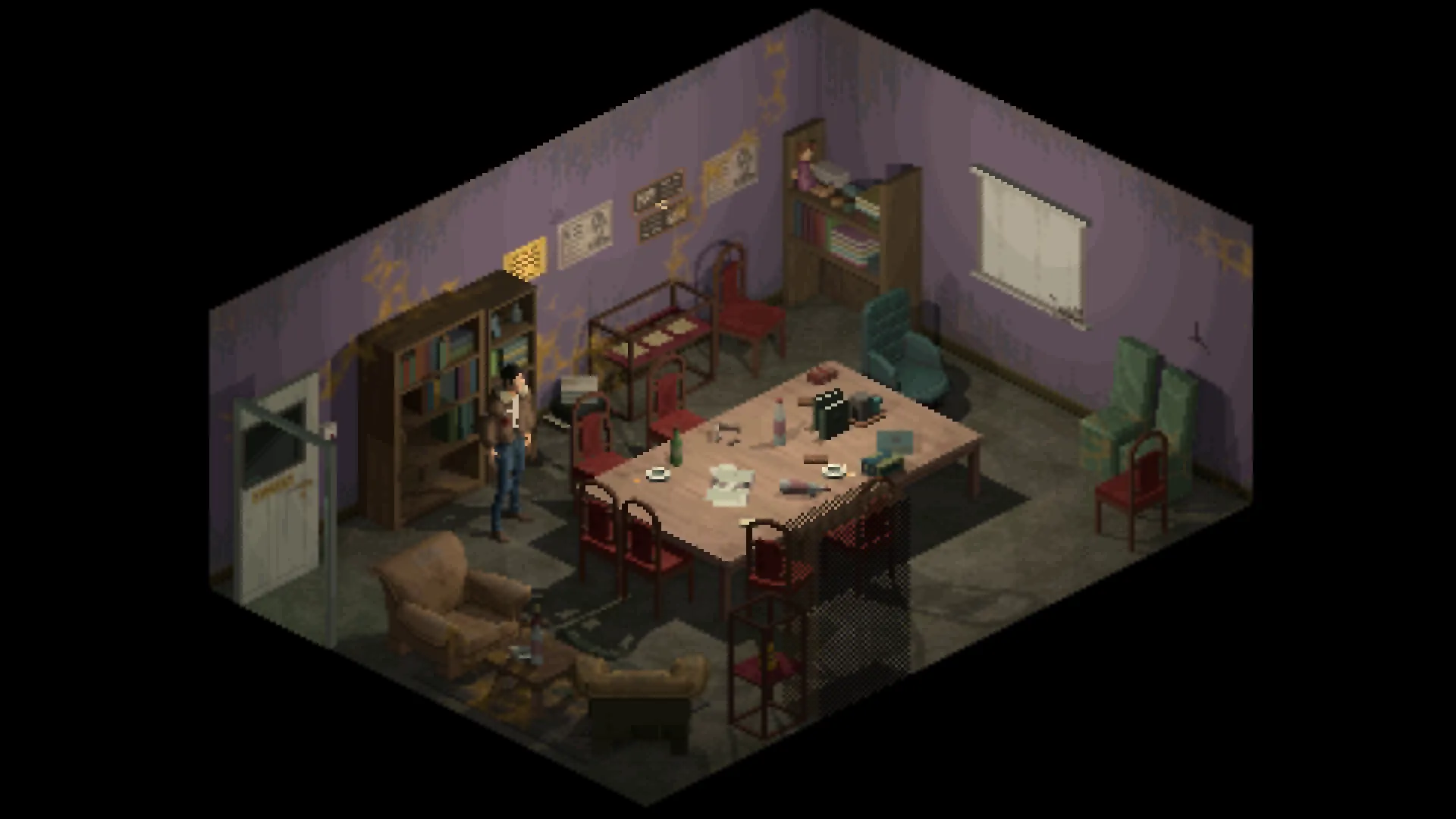 Holstin: Character stands in a cluttered, dimly lit room with scattered papers, bottles, and worn furniture.