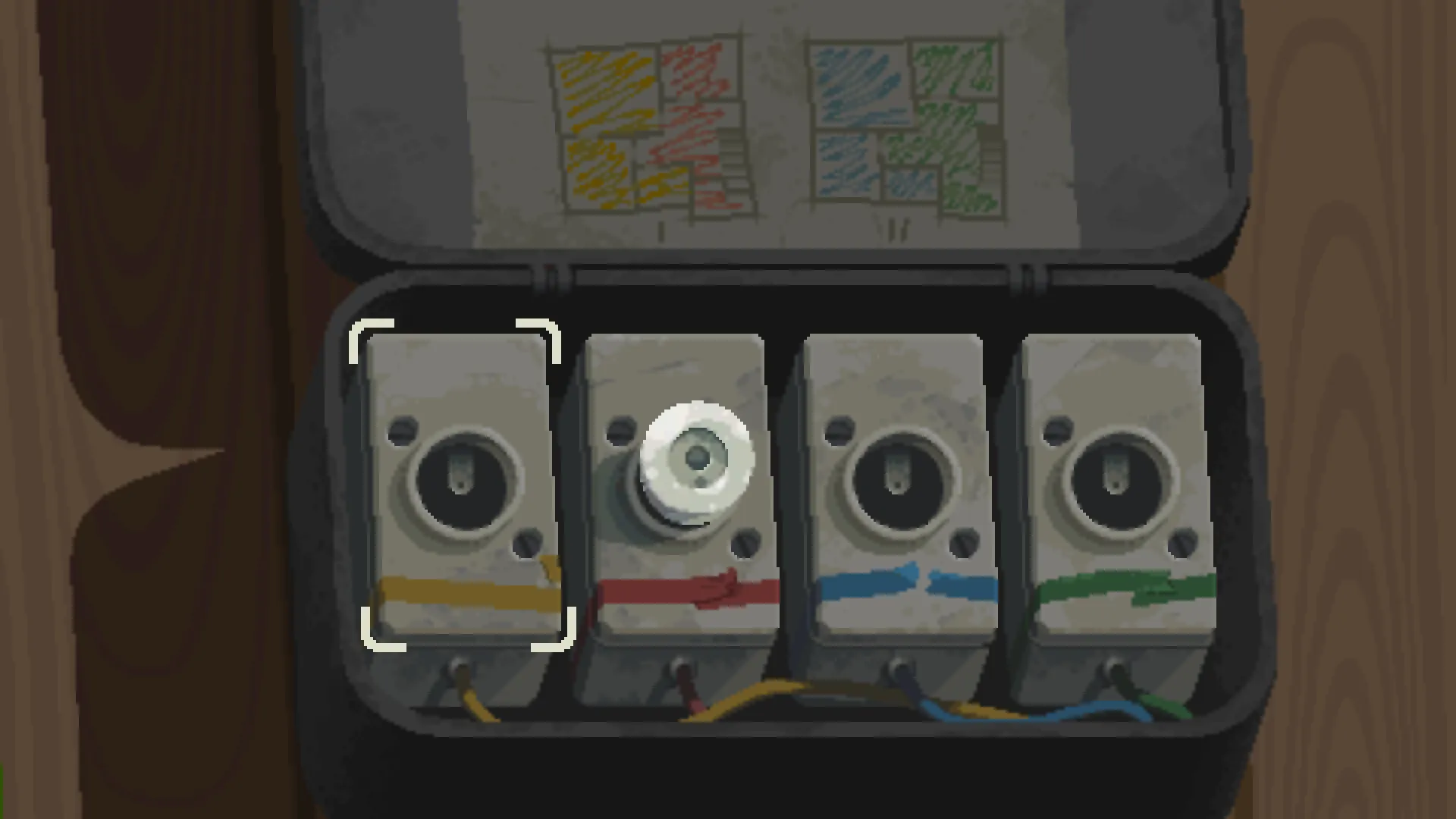 Holstin: Puzzle box with four colored wire sockets and a diagram in a wooden environment