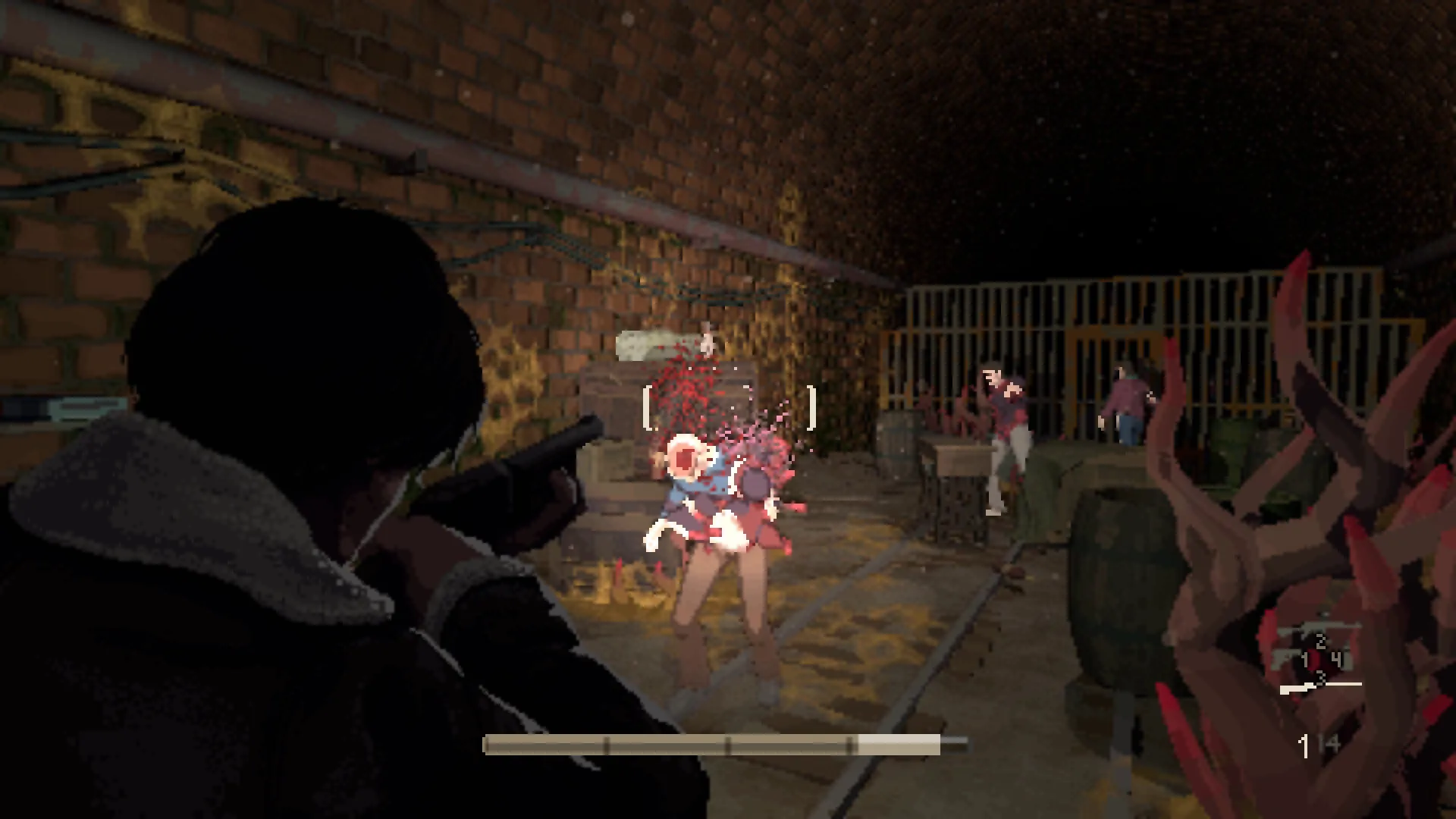 Holstin: Player shooting at monstrous creatures in a dimly lit underground tunnel with brick walls.