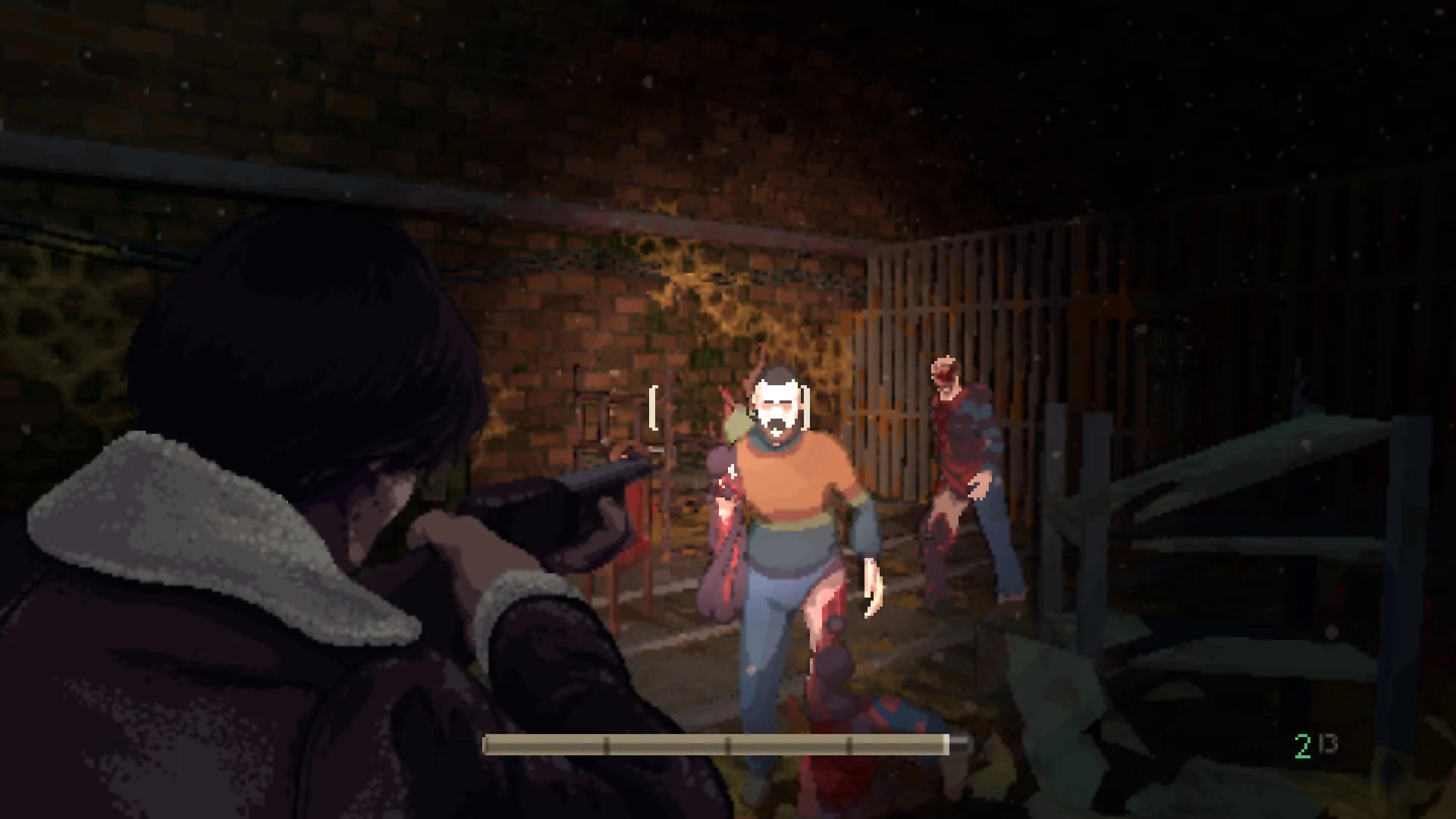 Holstin: Player aiming shotgun at two possessed figures in a dimly lit, cluttered basement room.