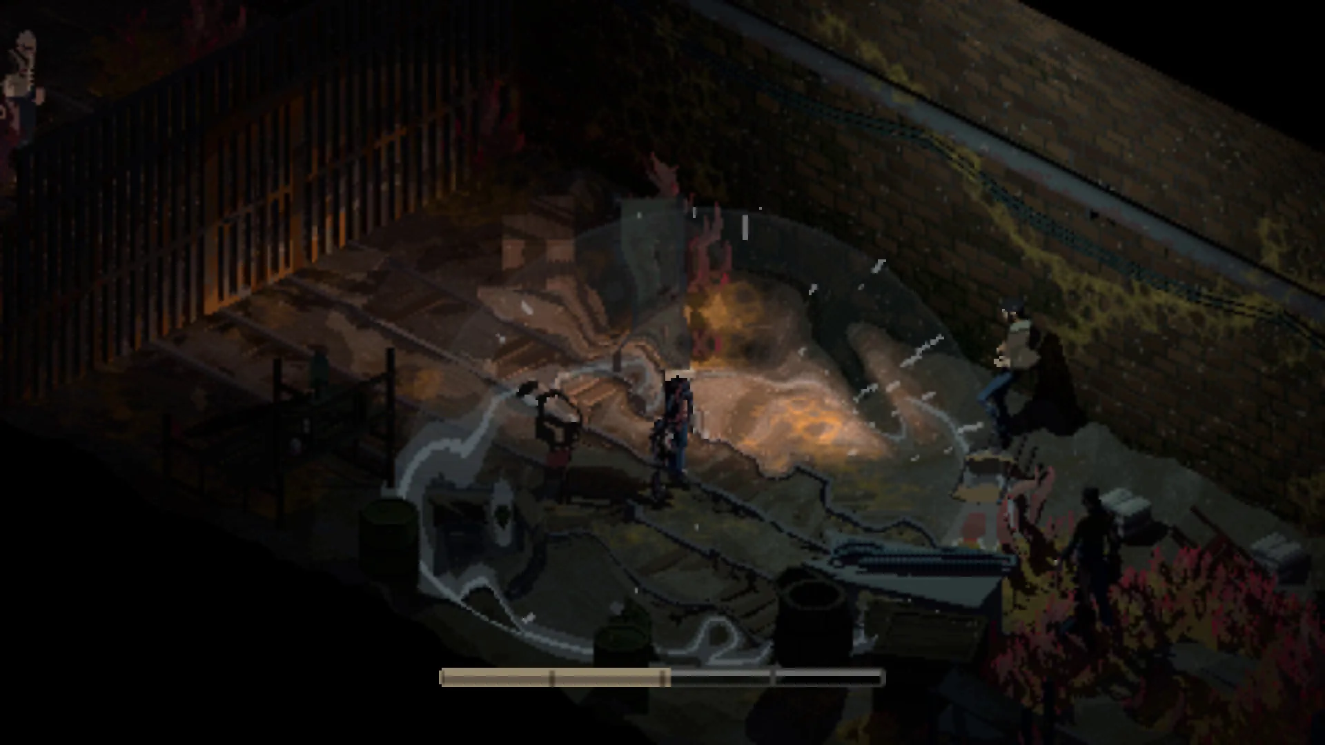 Holstin: Character stands near glowing portal in abandoned alley with brick wall and shadowy figures nearby.