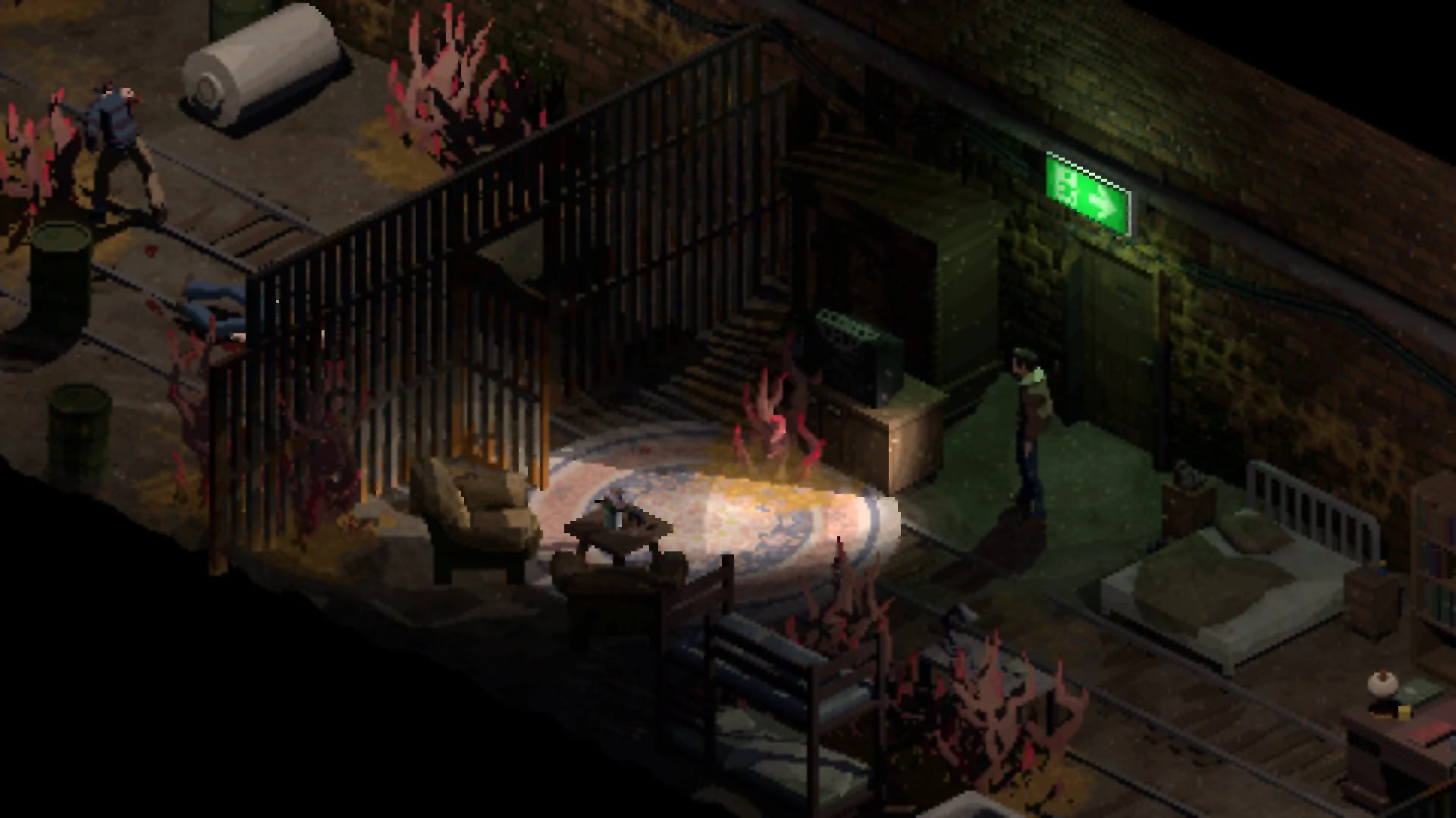 Holstin: Character explores dimly lit underground room with bed, furniture, and glowing exit sign