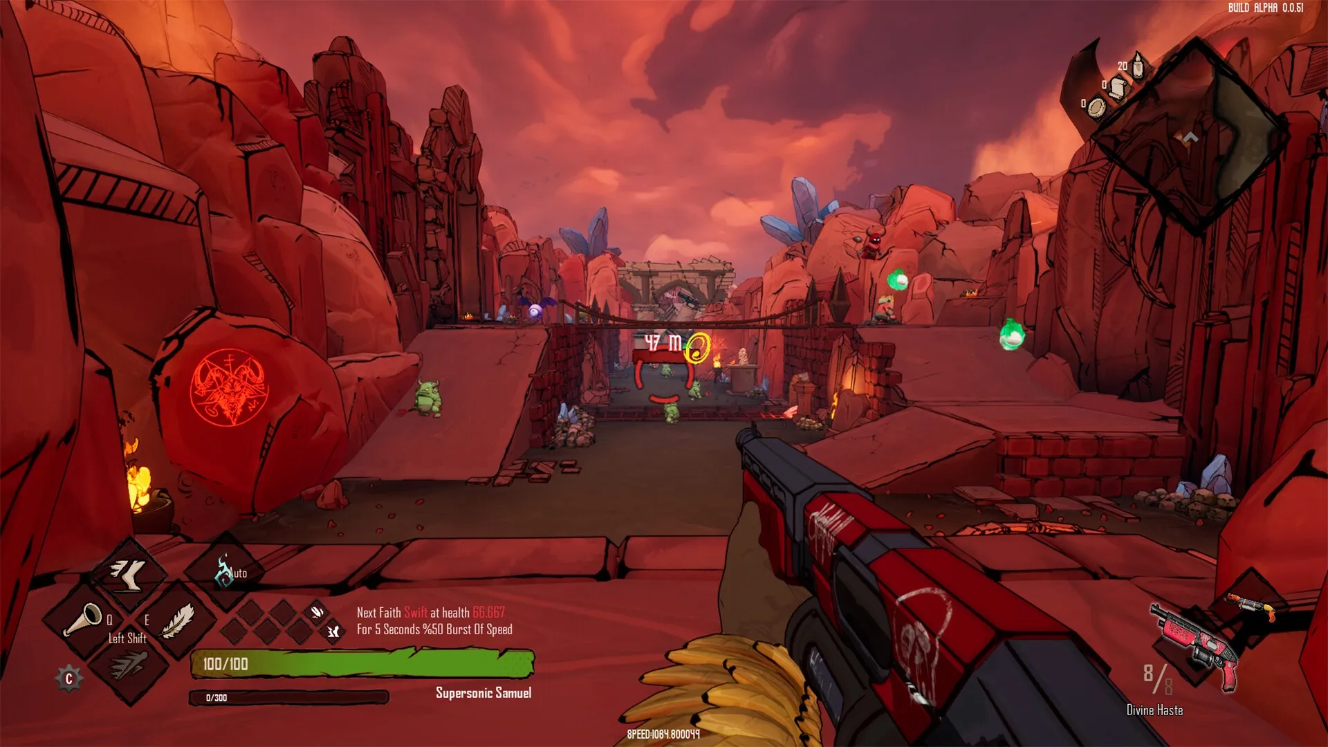 Holy Shoot: First-person view aiming at enemies in a rocky canyon with UI elements and weapon stats visible