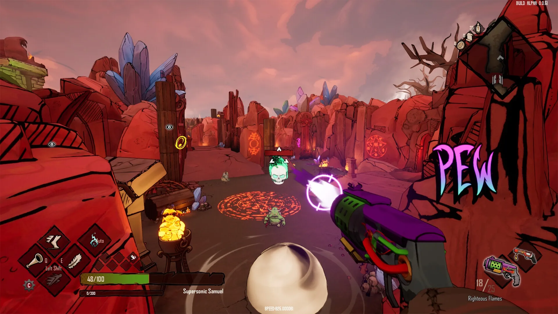 Holy Shoot: First-person combat firing at floating skull and demons in rocky canyon environment