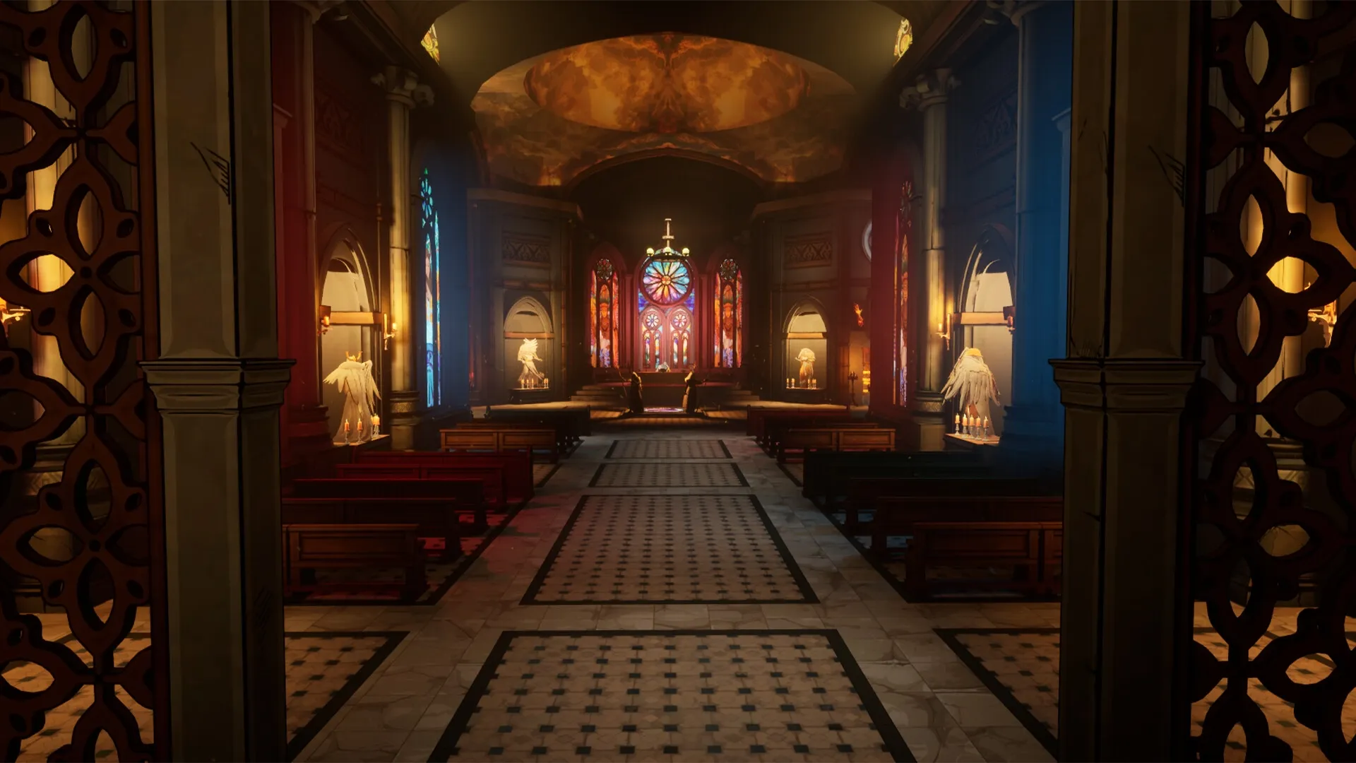 Holy Shoot: Ornate cathedral interior with stained glass windows and angel statues lining the aisles