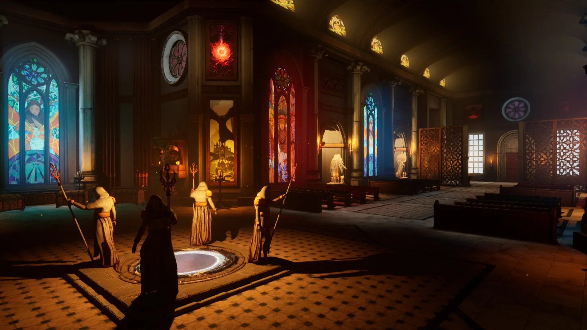 Holy Shoot: Hooded figures gather in a dimly lit cathedral with colorful stained glass windows