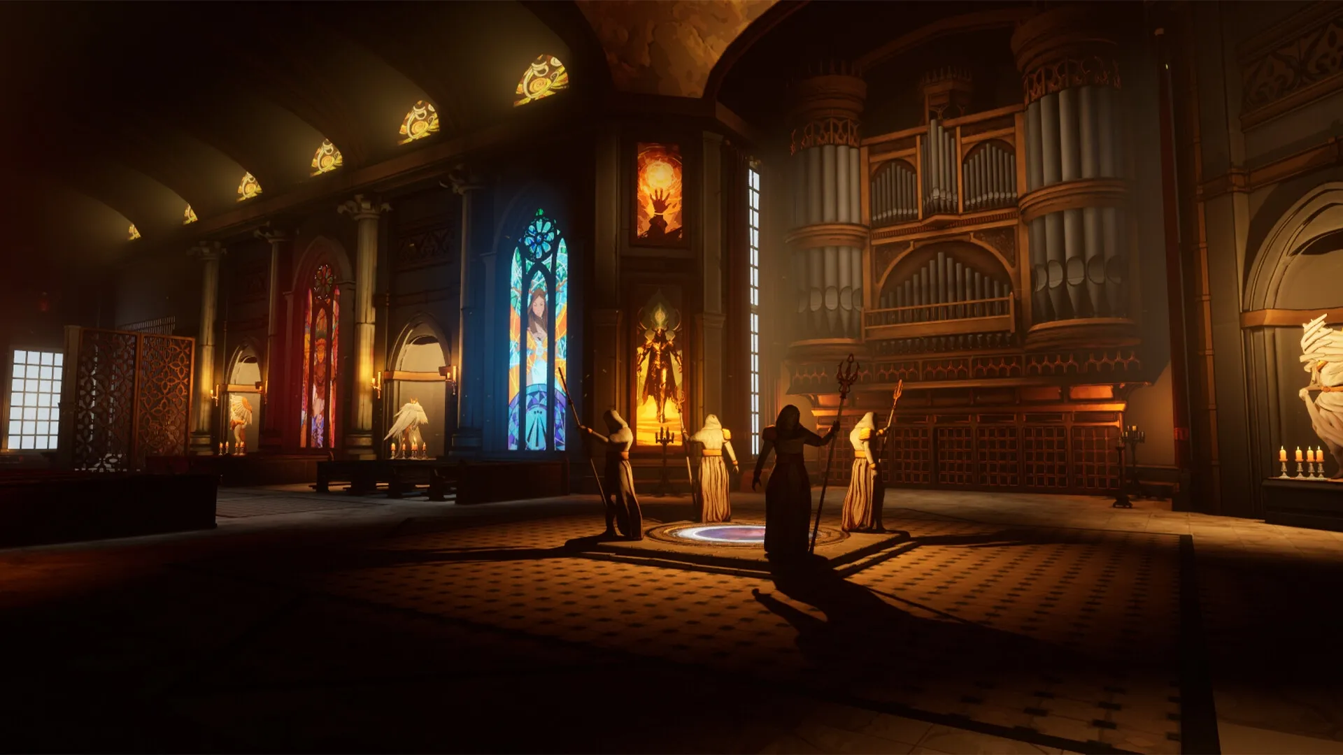 Holy Shoot: Monks perform a ritual in a grand cathedral with stained glass and a massive pipe organ
