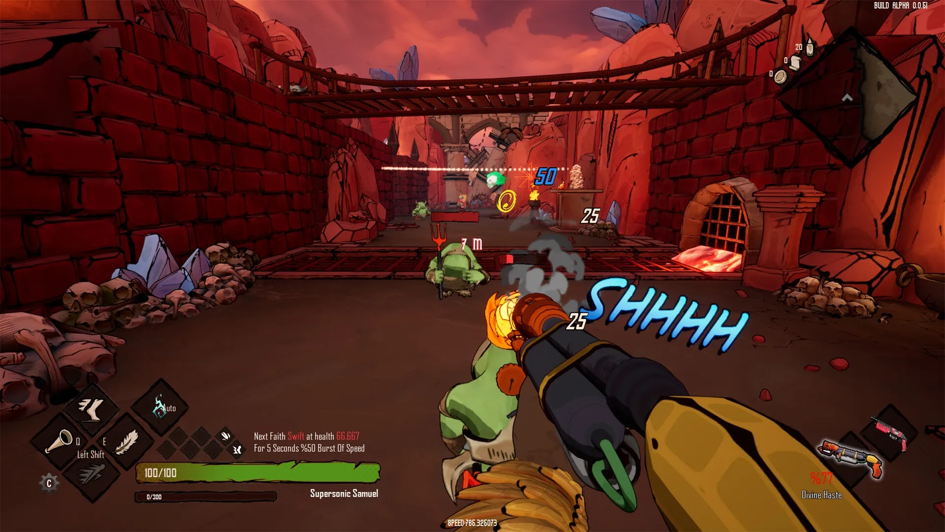 Holy Shoot: First-person combat with player firing at demons in a fiery canyon environment
