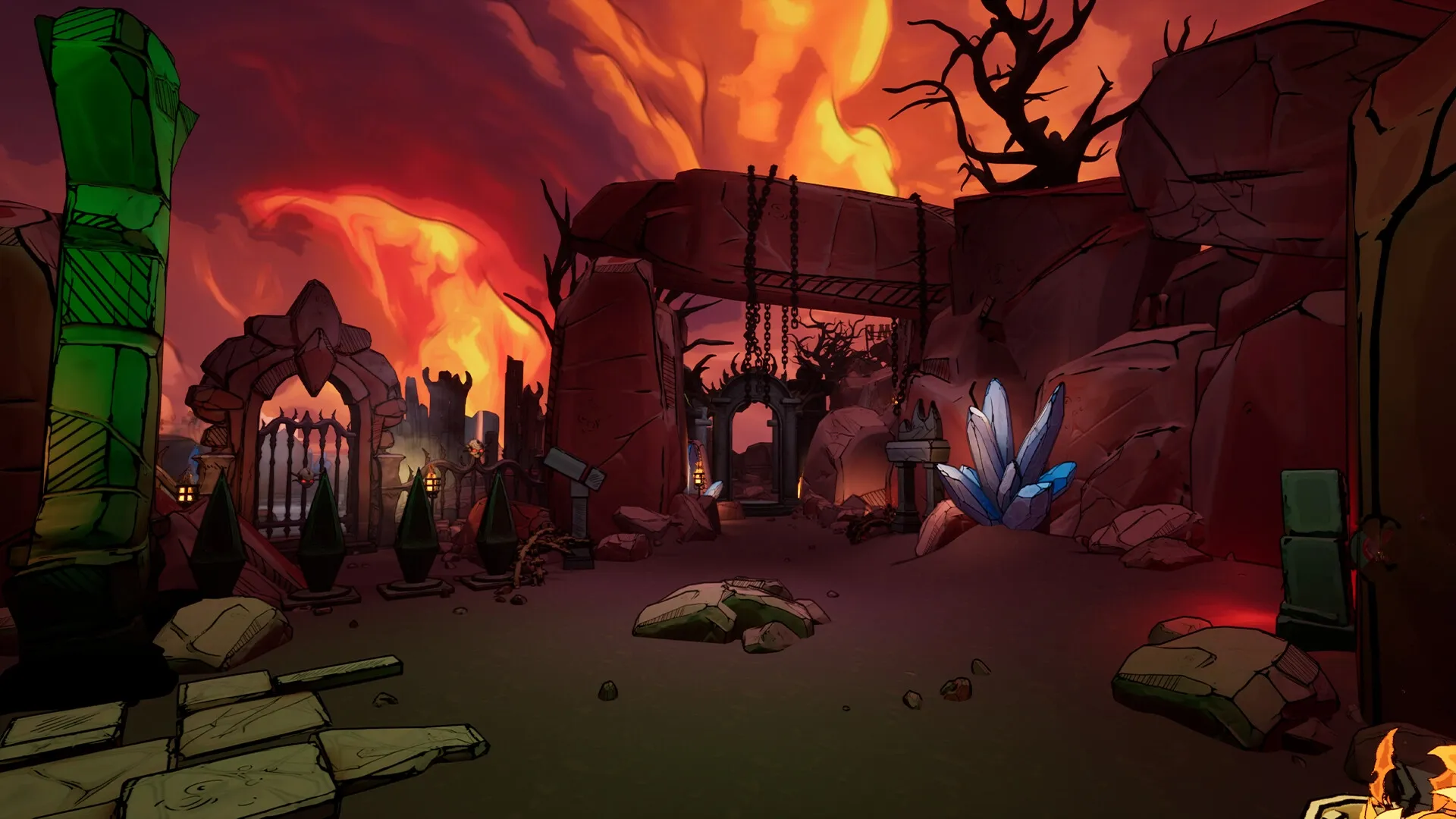 Holy Shoot: Fiery landscape with towering rock formations and glowing crystals in a desolate wasteland