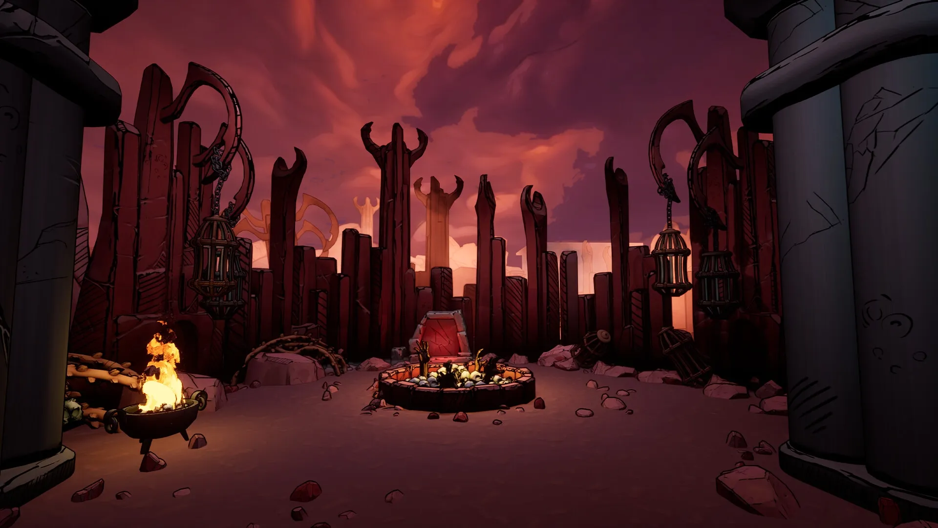 Holy Shoot: Ritual circle with bones and fire in a demonic arena setting surrounded by stone pillars
