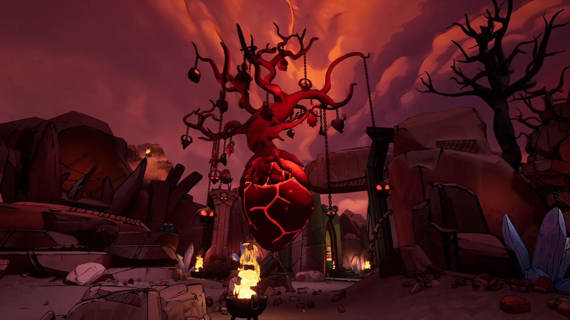 Holy Shoot: Enormous red heart tree with hanging skulls in a fiery, rocky landscape