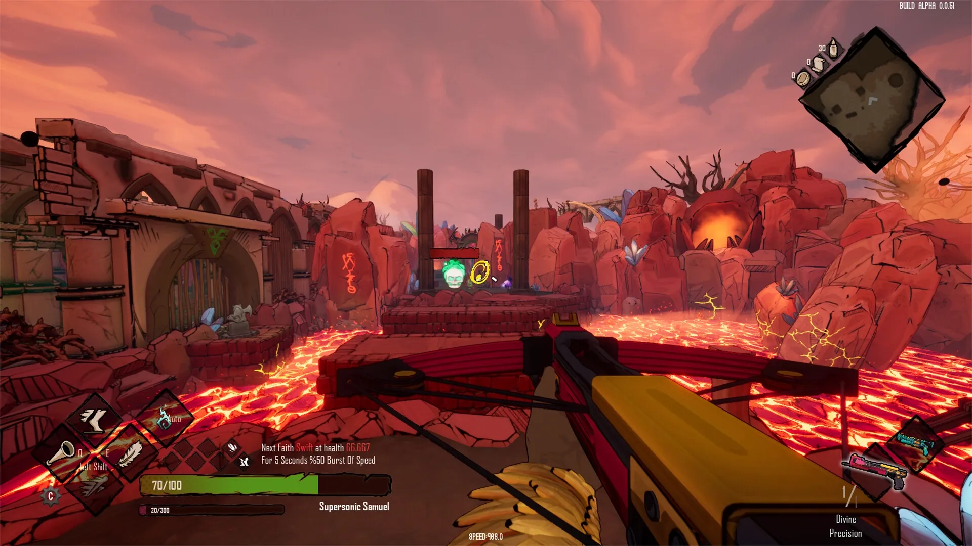 Holy Shoot: First-person view aiming crossbow over lava towards platforms in a rocky, fiery landscape