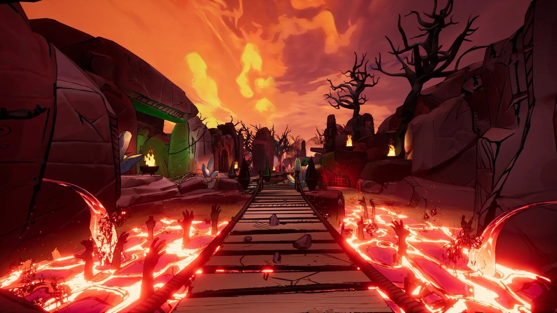 Holy Shoot: Fiery landscape with lava river and hands reaching up beside a wooden bridge path