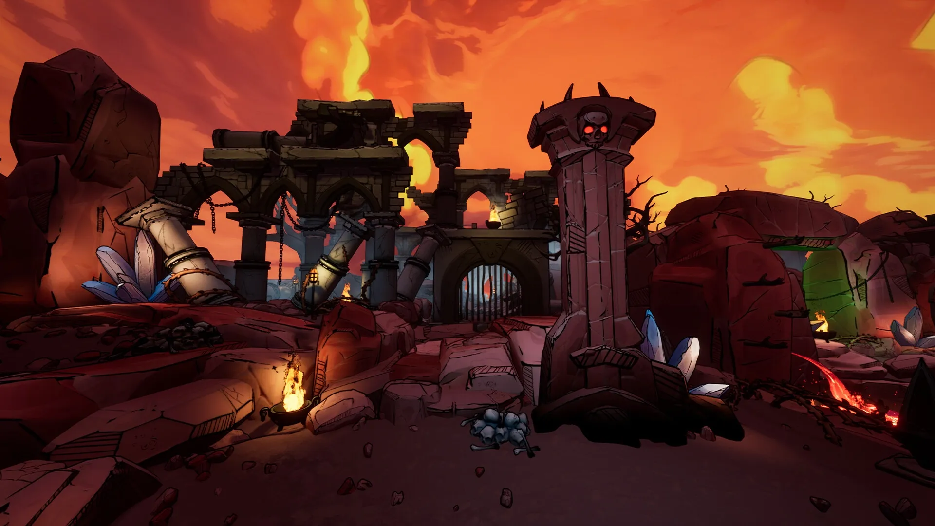 Holy Shoot: Ruined temple with glowing crystals and fiery sky, showcasing ancient demonic architecture