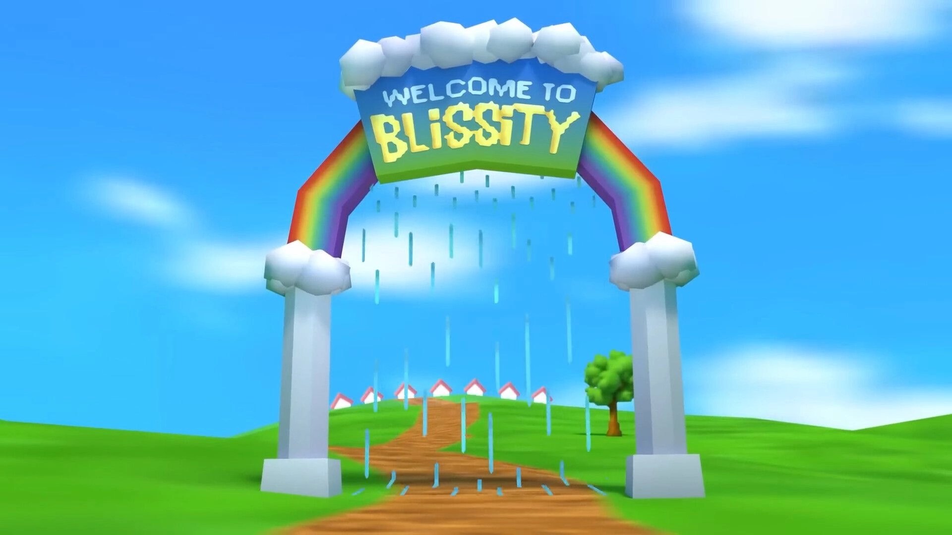 Home Paige: Rainbow archway reading Welcome to Blissity over dirt path across green hills and sky.