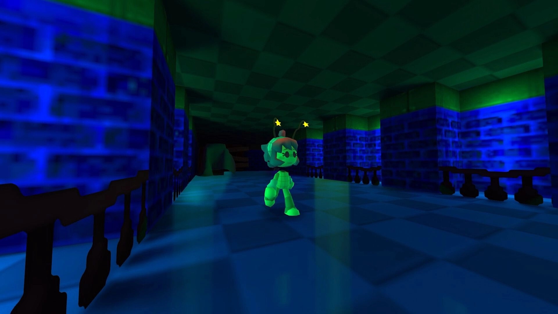 Home Paige: Paige runs through a neon blue brick hallway with railings and a tiled ceiling above.