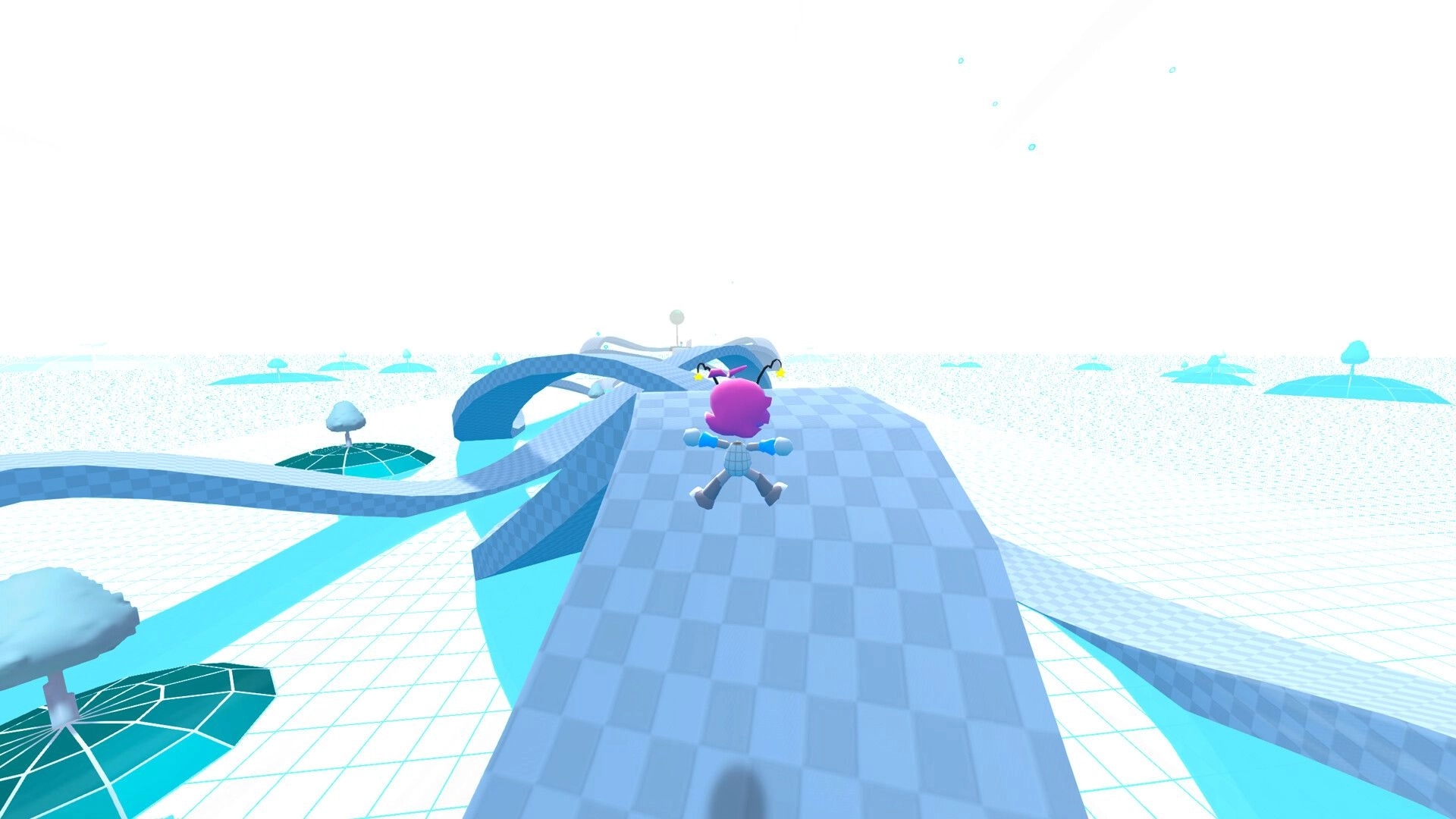 Home Paige: Paige runs along a blue checkered ramp above a white grid world with floating platforms.