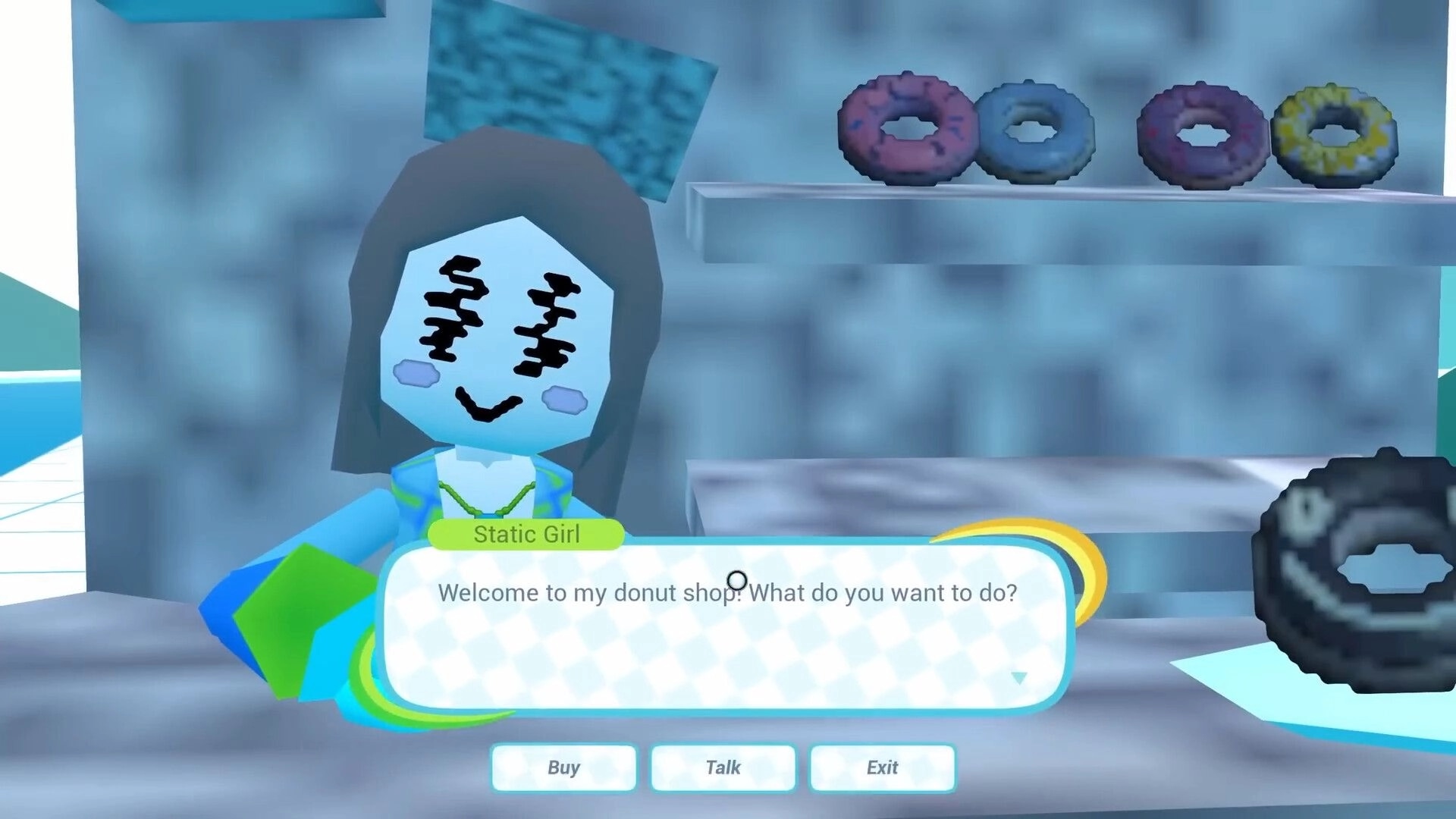 Home Paige: Chatting with Static Girl at donut shop counter, dialogue box with Buy/Talk/Exit UI.