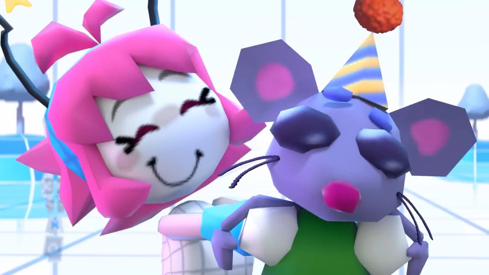 Home Paige: Close-up of Paige smiling beside a mouse in party hat in bright gridlike digital room.