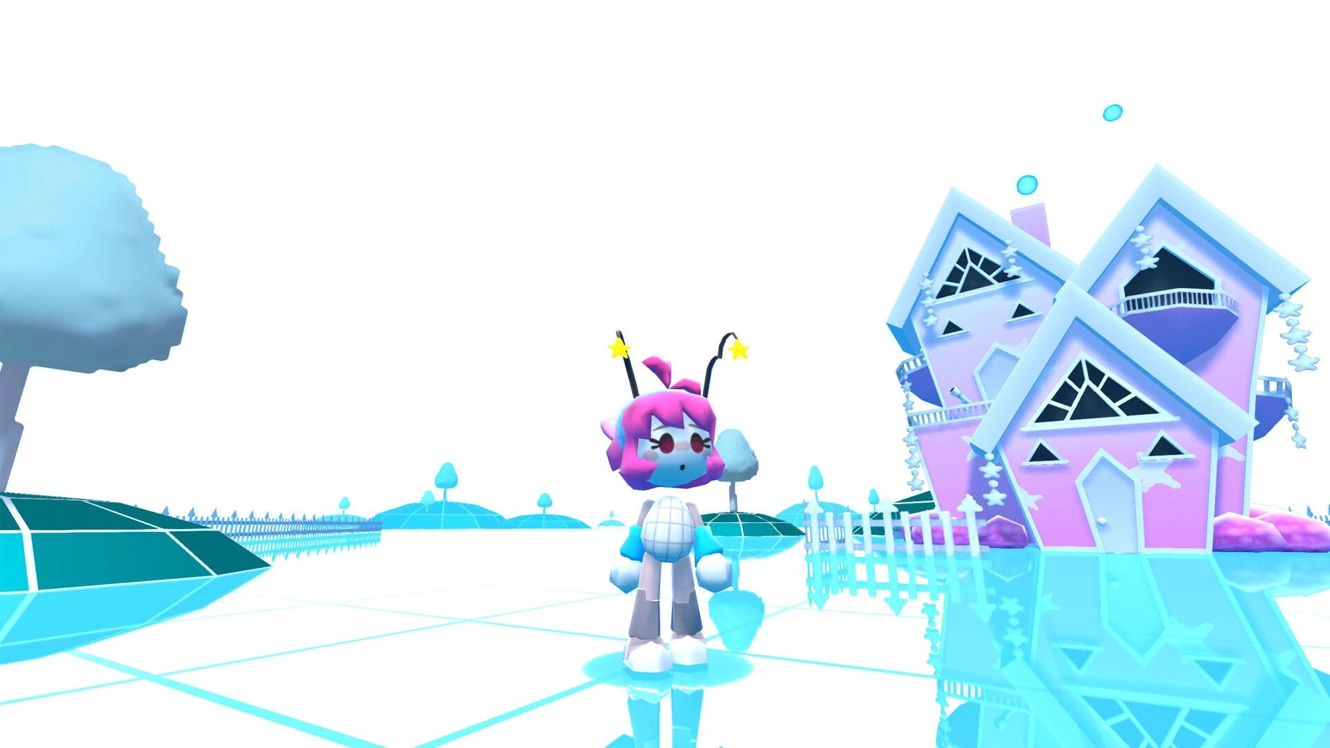 Home Paige: Paige stands on a glossy grid plaza beside a tilted pastel house and white fences.