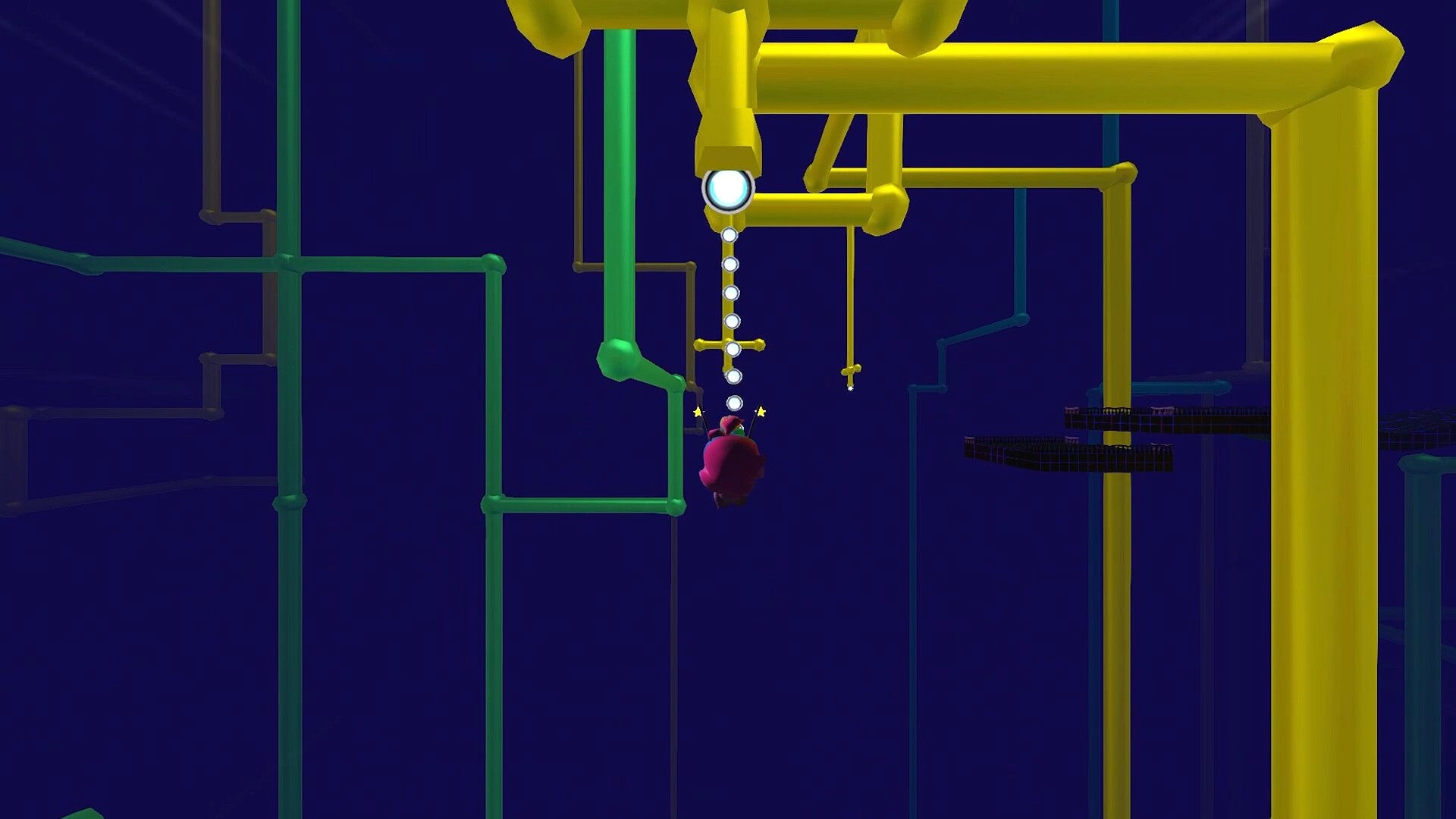 Home Paige: Paige hangs from a dotted grapple line amid neon pipes and floating platforms in cyberspace.