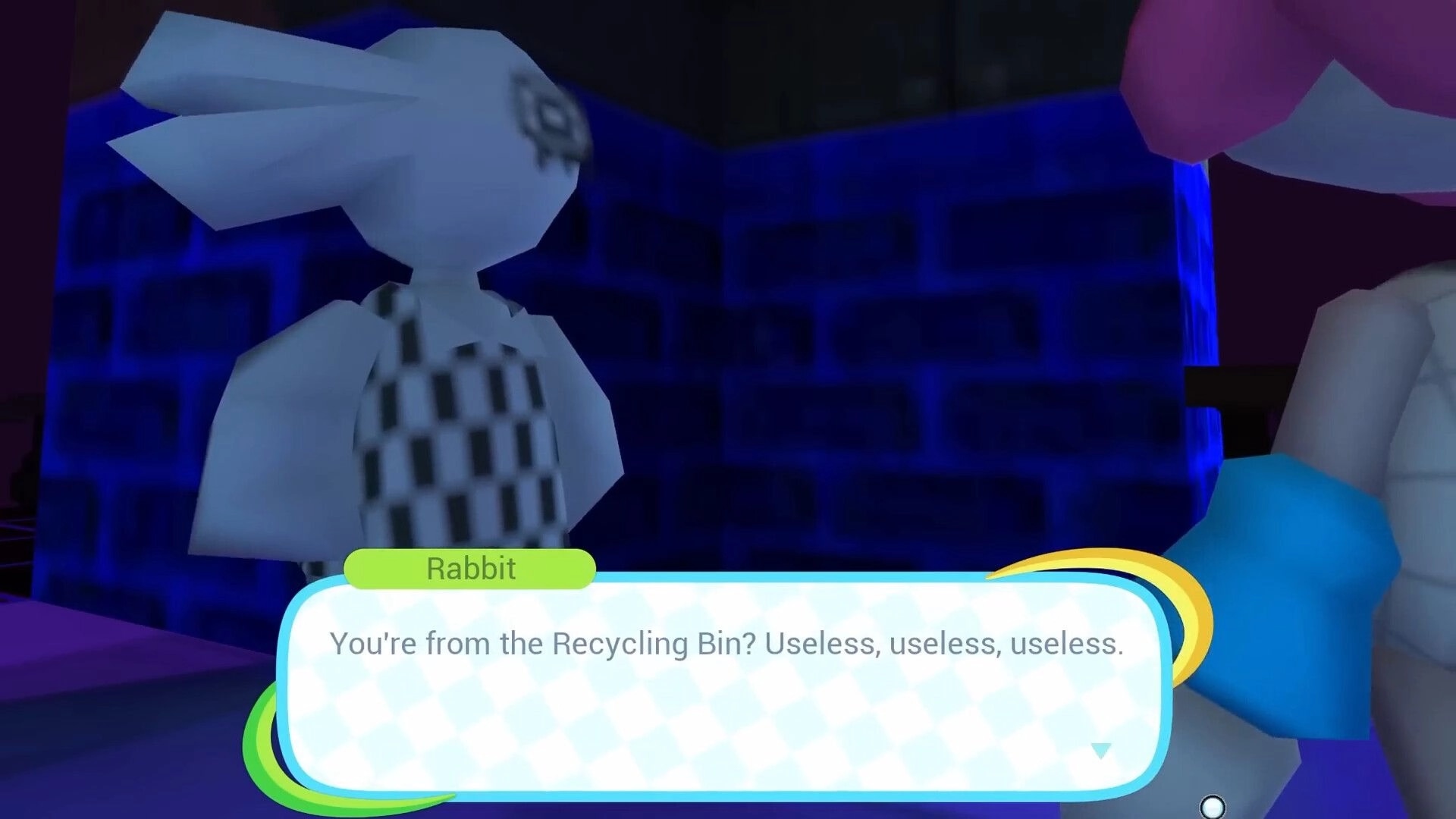 Home Paige: Dialogue box with Rabbit insulting Recycling Bin in a blue brick-walled room scene.