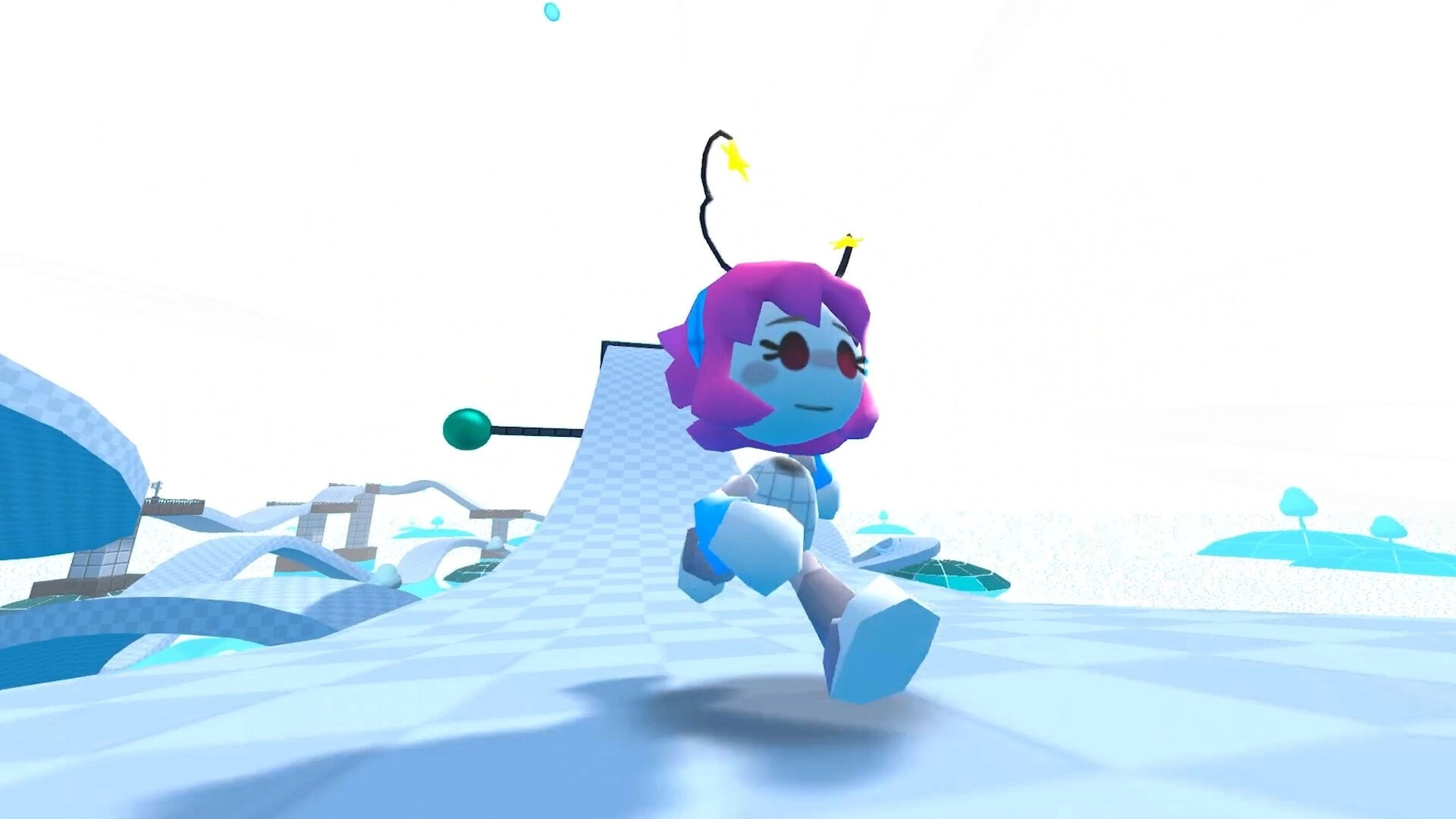 Home Paige: Paige runs past a curved ramp in a bright gridlike digital landscape with platforms ahead.