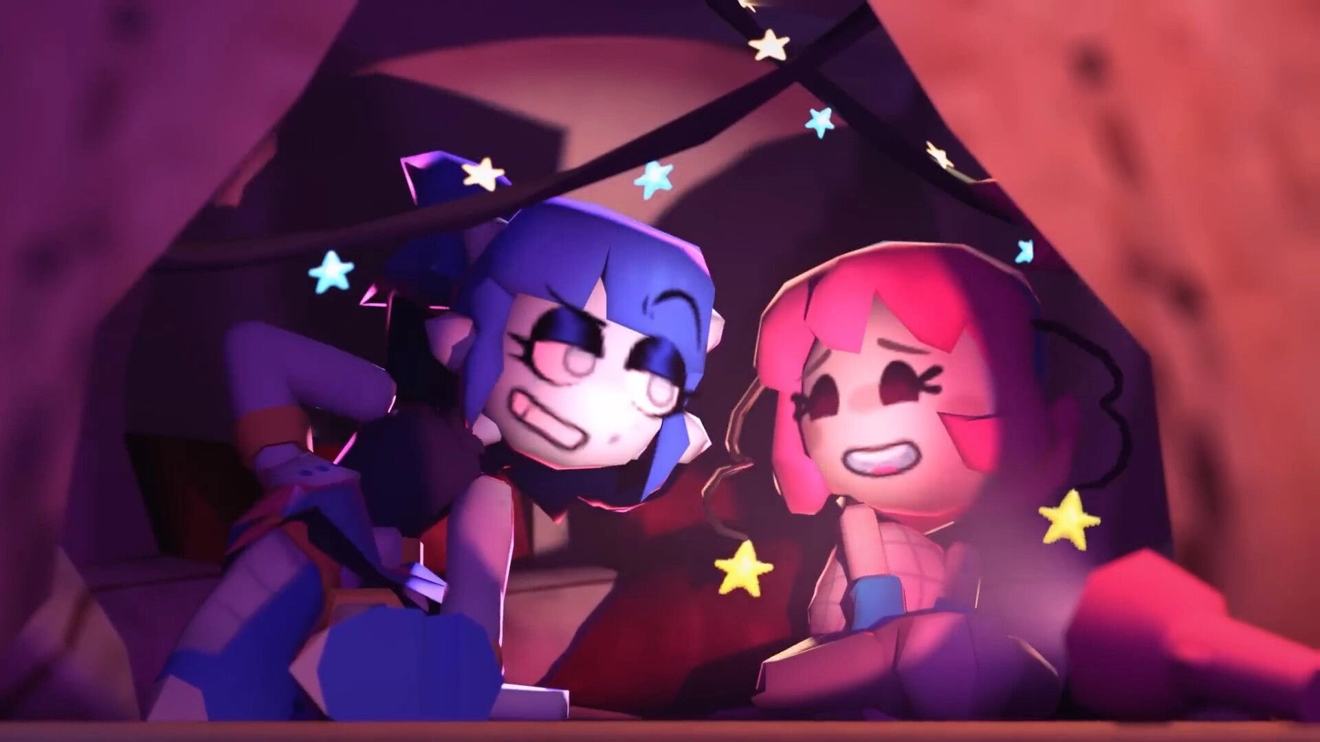 Home Paige: Two stylized girls grimace and cling together in a dim tunnel with floating star icons.