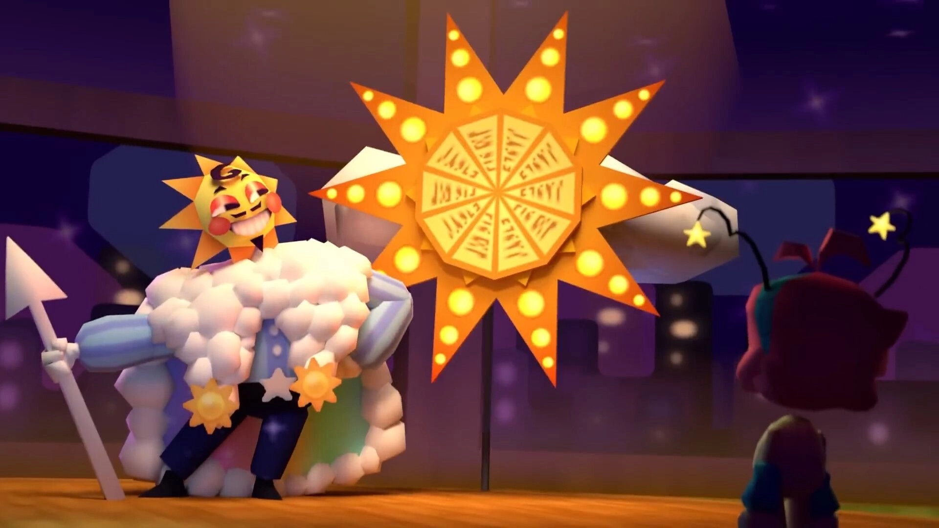 Home Paige: Paige faces a cloaked sun-headed NPC beside a glowing star wheel in a neon OS plaza.