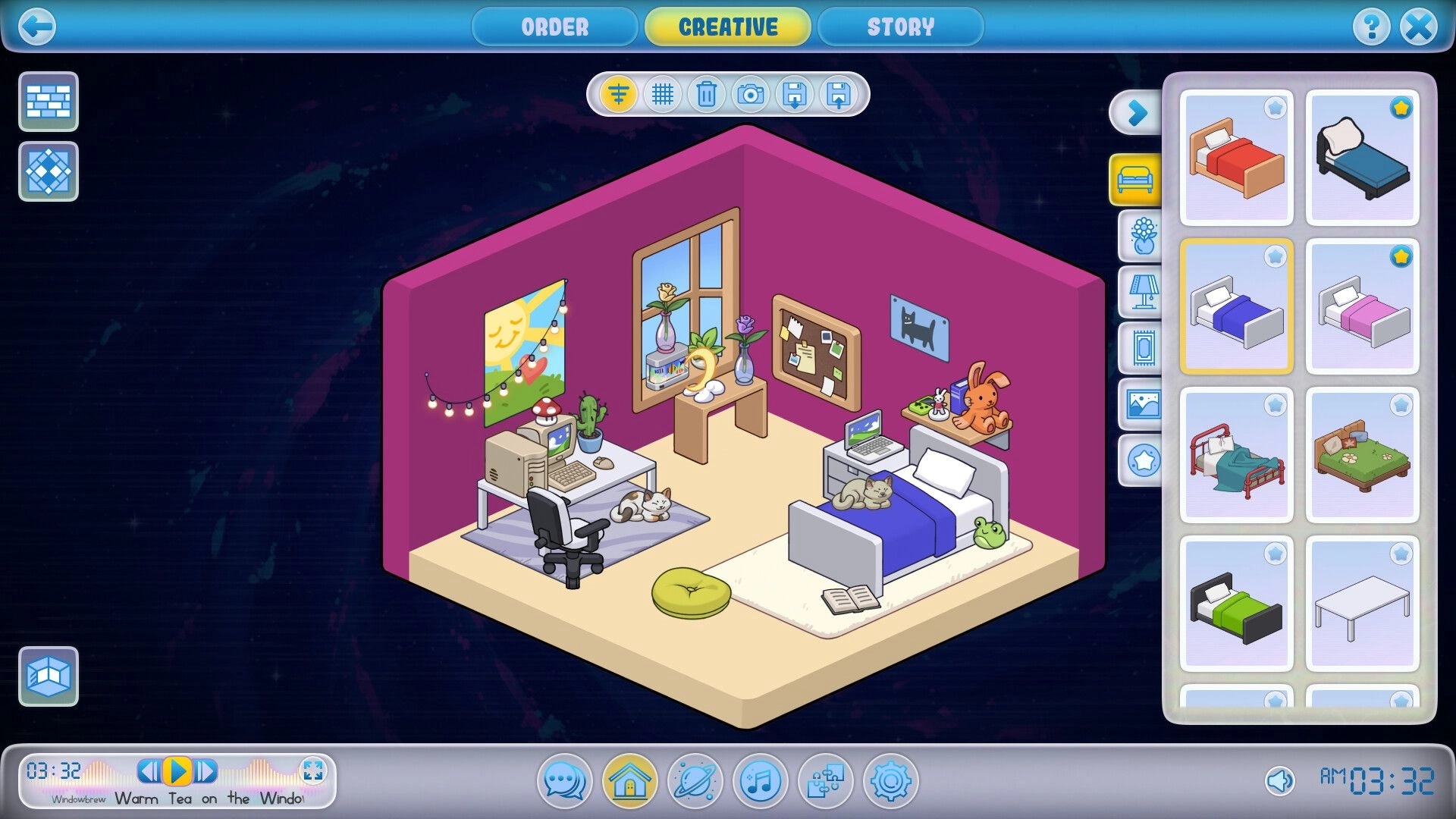 HOMEWAVE: Creative room editor with bed and desk setup, bed catalog open in a cozy purple room.