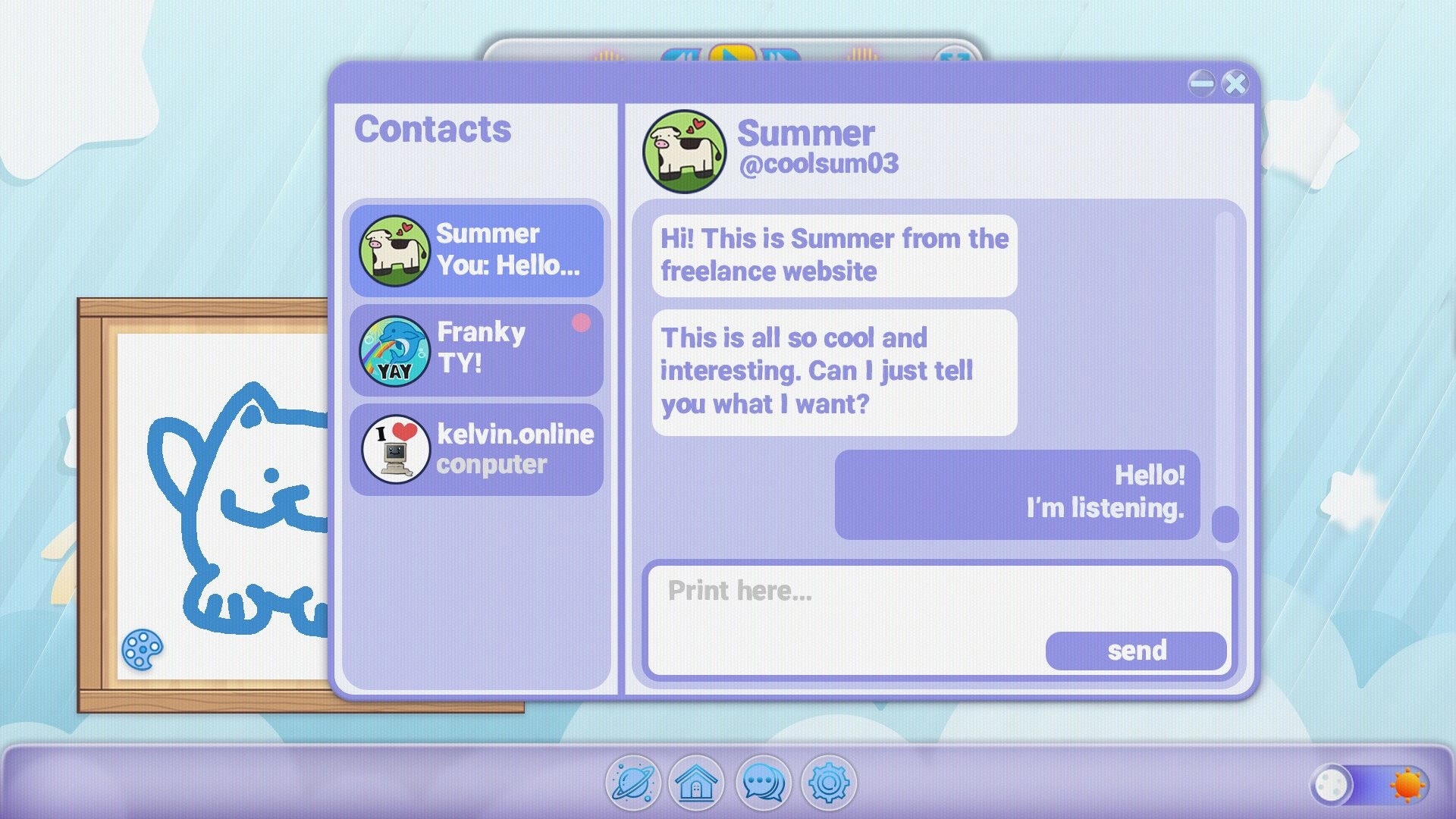 HOMEWAVE: Chat window with Summer contact and reply box open on a pastel desktop with contacts list.