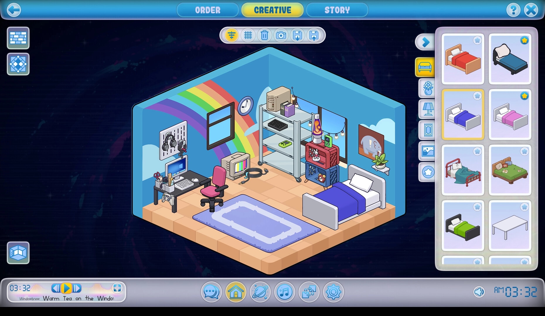 HOMEWAVE: Creative room decorator with bed options menu, rainbow wall bedroom with desk and shelf.