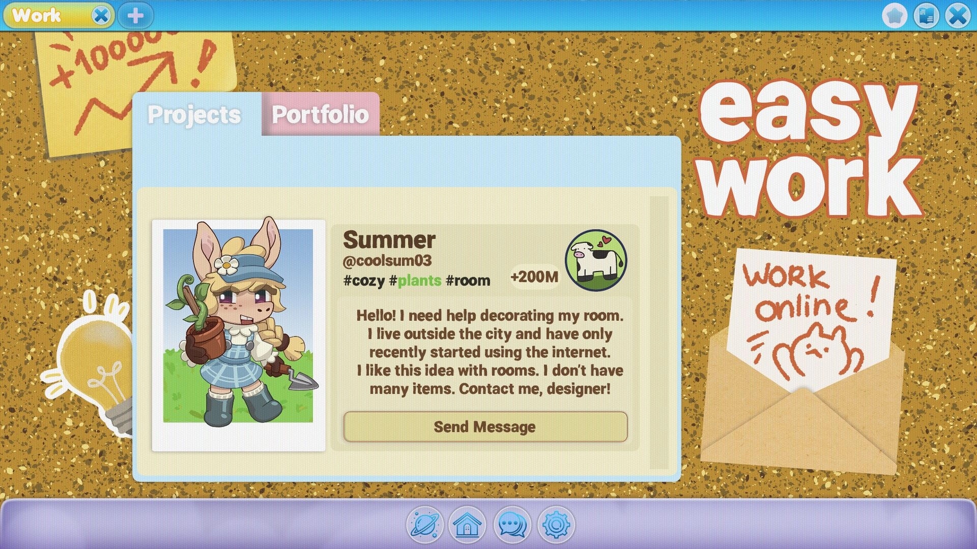 HOMEWAVE: Work tab with client Summer profile and message button on corkboard-style OS desktop.
