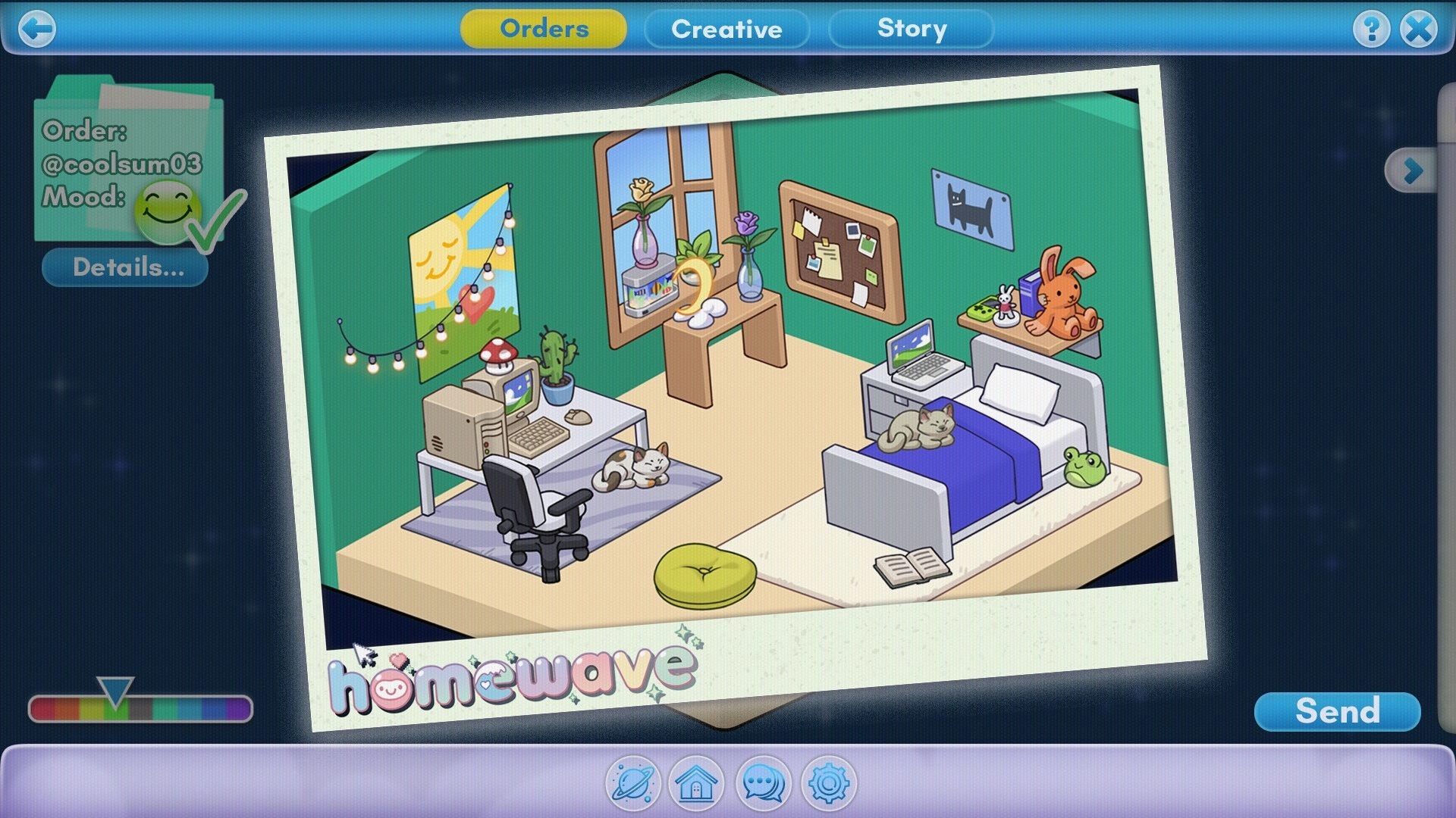 HOMEWAVE: Order screen previewing a cozy bedroom layout with desk PC, cats, bed, and decor items.
