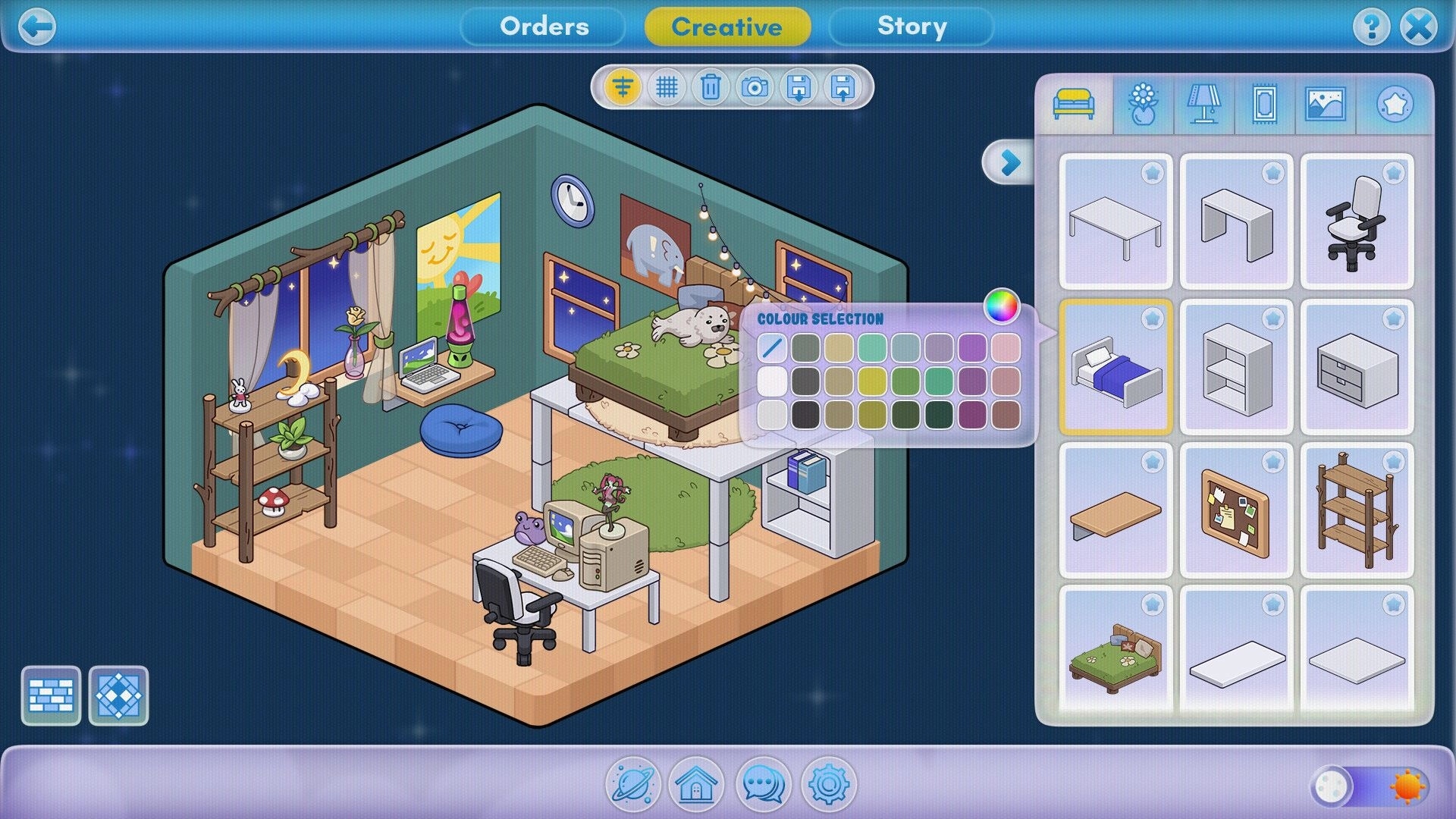 HOMEWAVE: Creative room editor with color palette and furniture menu in a cozy loft bedroom setup.