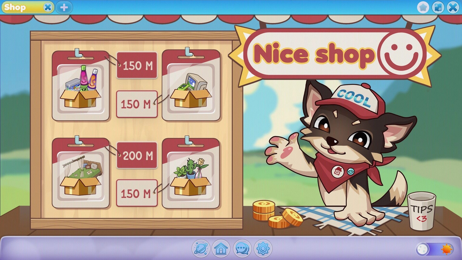 HOMEWAVE: Shop menu with item boxes and prices, smiling cat vendor at a cozy outdoor stall.