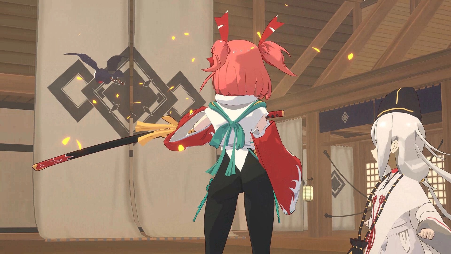 Homura Hime: Homura facing a decorative wall with a sword in a traditional wooden interior setting.