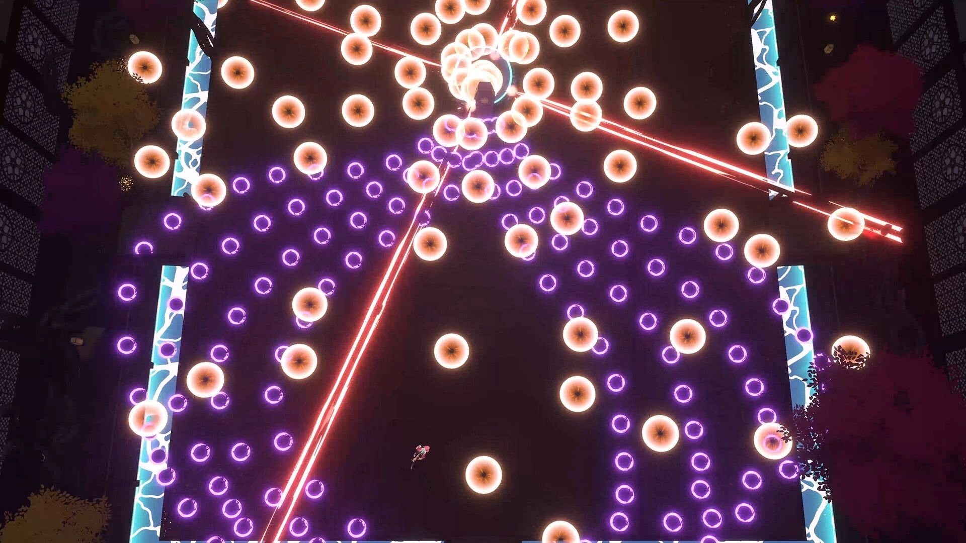 Homura Hime: Intense bullet hell scene with character dodging red and purple projectiles in dark arena