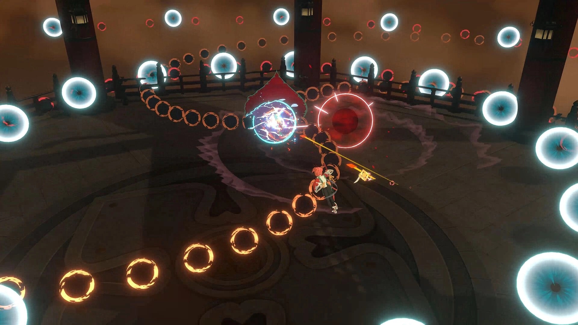 Homura Hime: Intense bullet hell combat with Homura dodging projectiles on a circular platform.