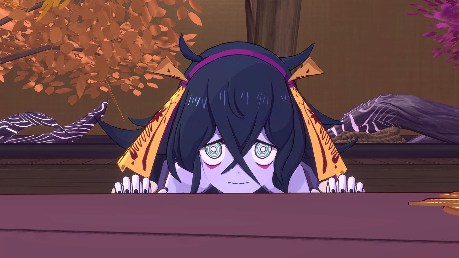Homura Hime: Close-up of a character with wide eyes peeking over a table in a room with autumn leaves.