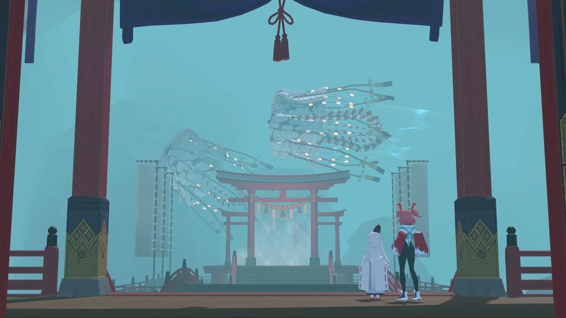 Homura Hime: Characters stand before a torii gate with ethereal creatures in a misty, serene shrine.