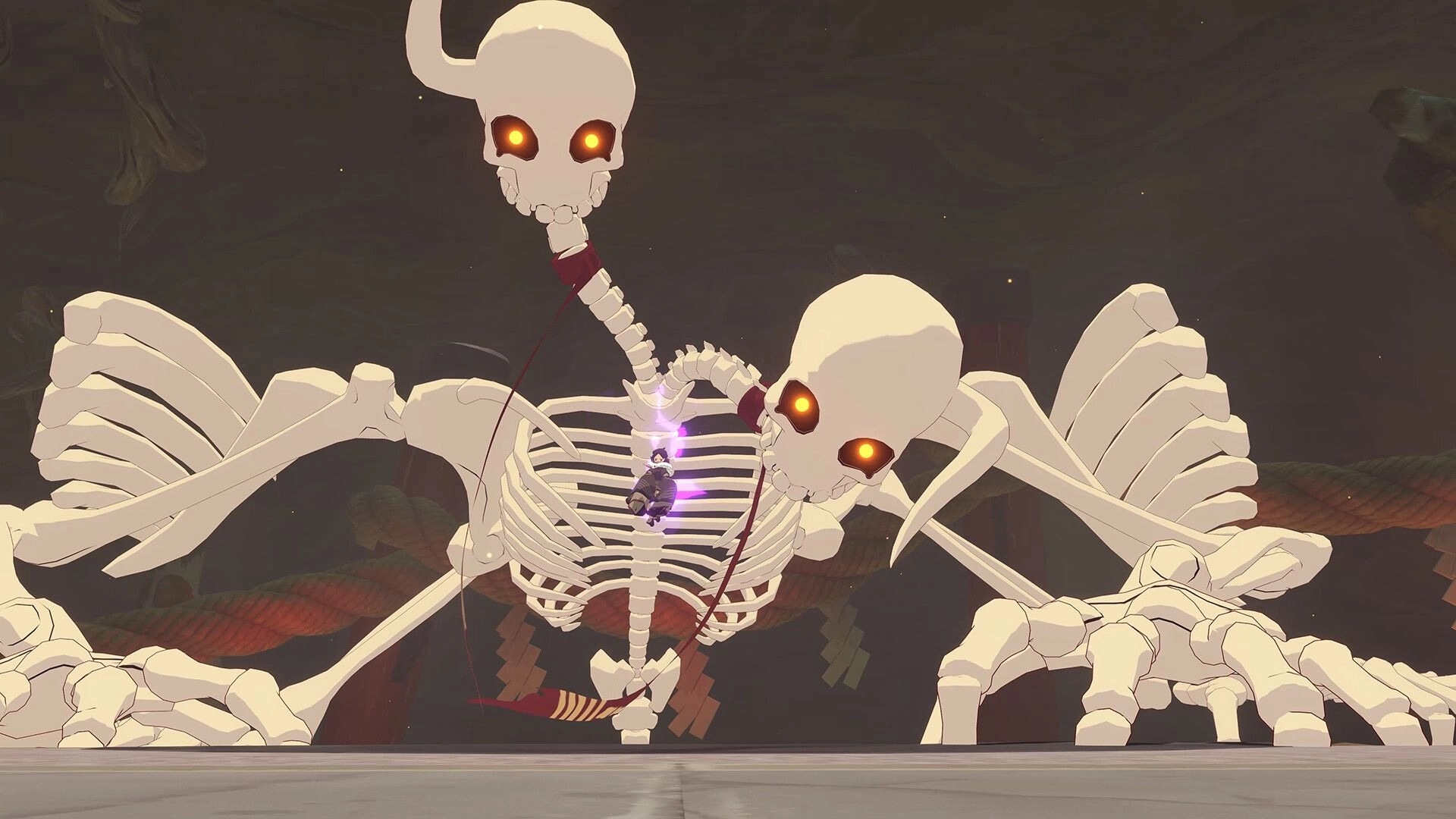 Homura Hime: Battling giant skeletal archdemon in dark cavern setting with glowing eyes and bones