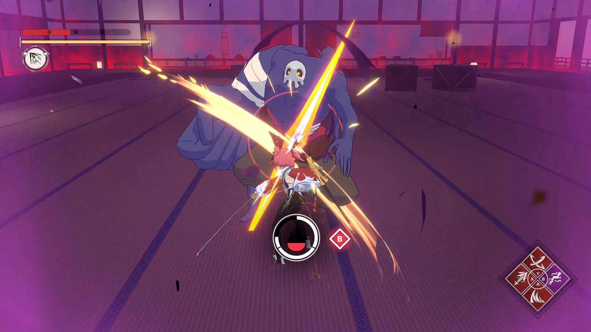 Homura Hime: Intense close combat with archdemon in dojo, health bar and attack prompts visible