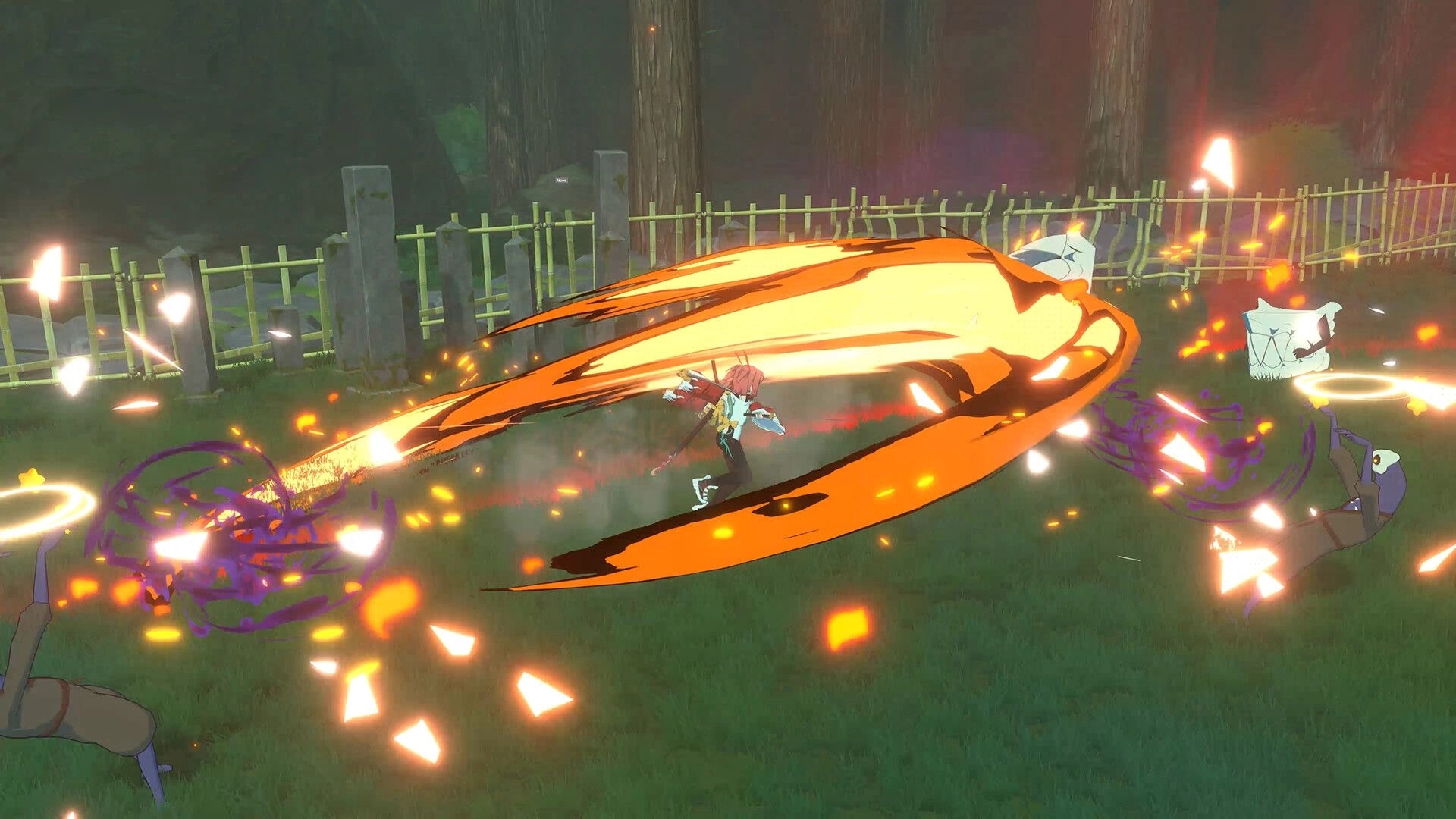 Homura Hime: Homura executes a fiery sword attack against enemies in a forest with glowing effects