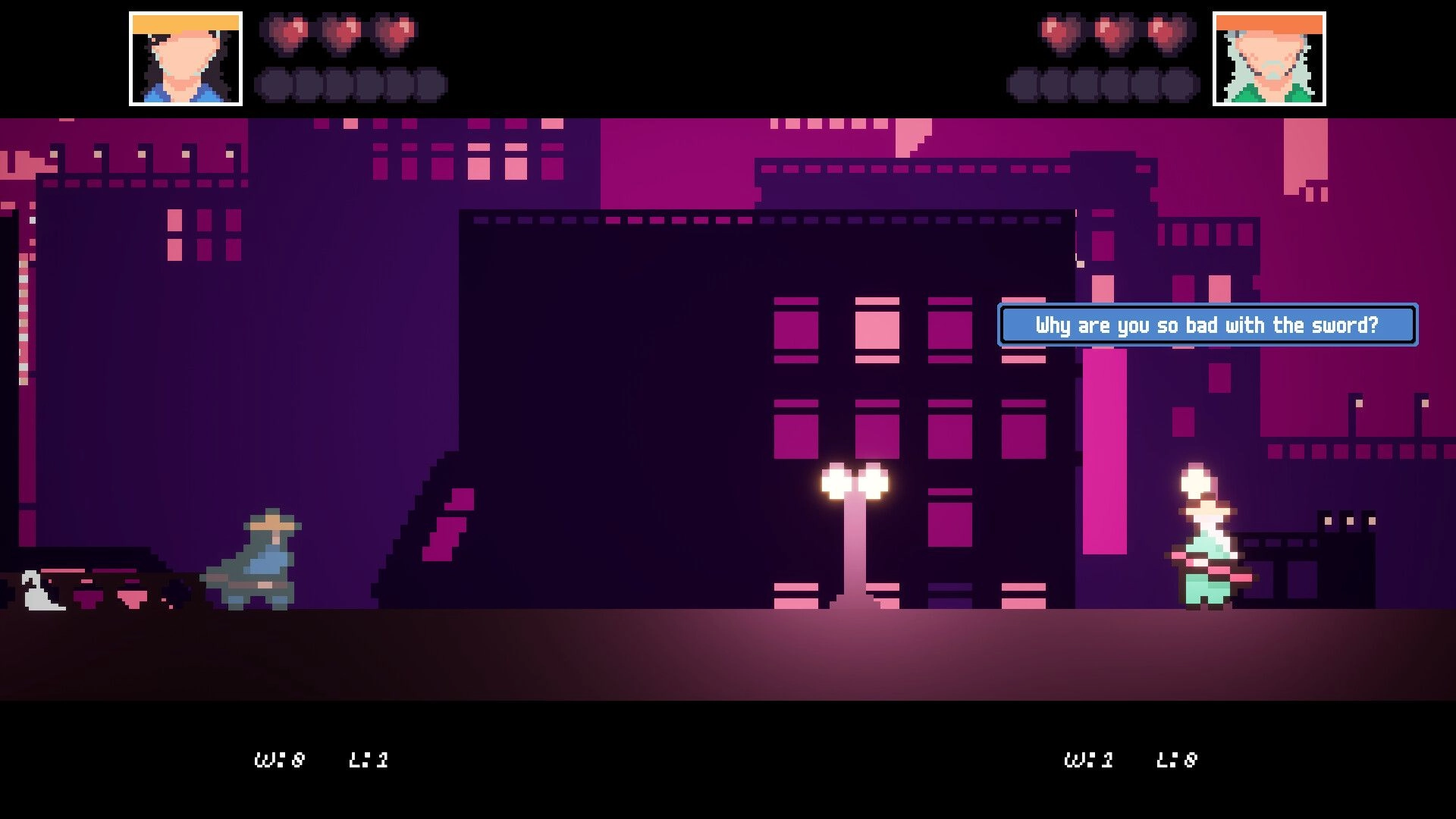 HONORLESS!: Two fighters face off in a neon-lit cityscape with a taunt displayed above the combatants.