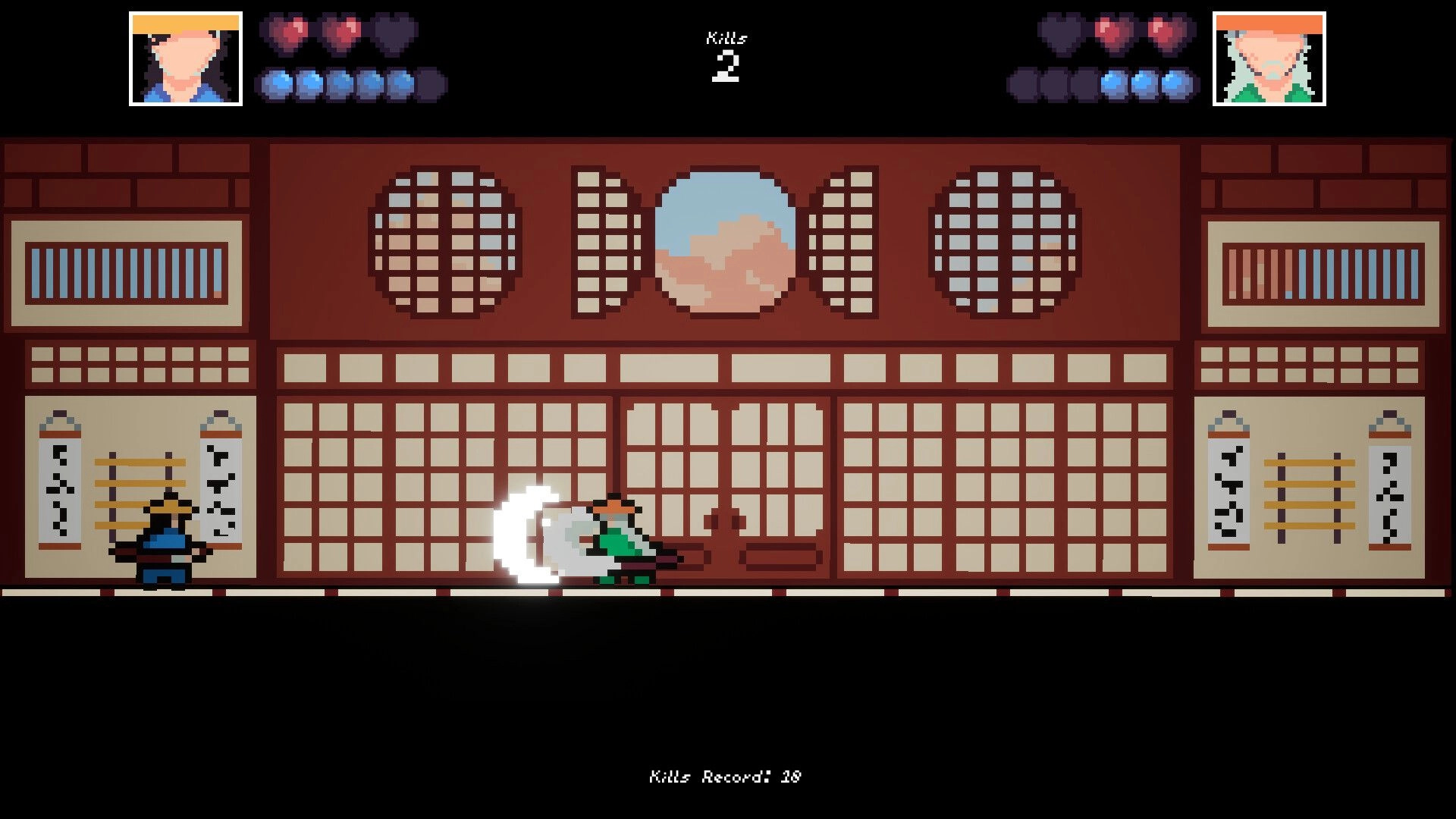 HONORLESS!: Two fighters clash in a traditional dojo setting with health bars and kill count displayed.