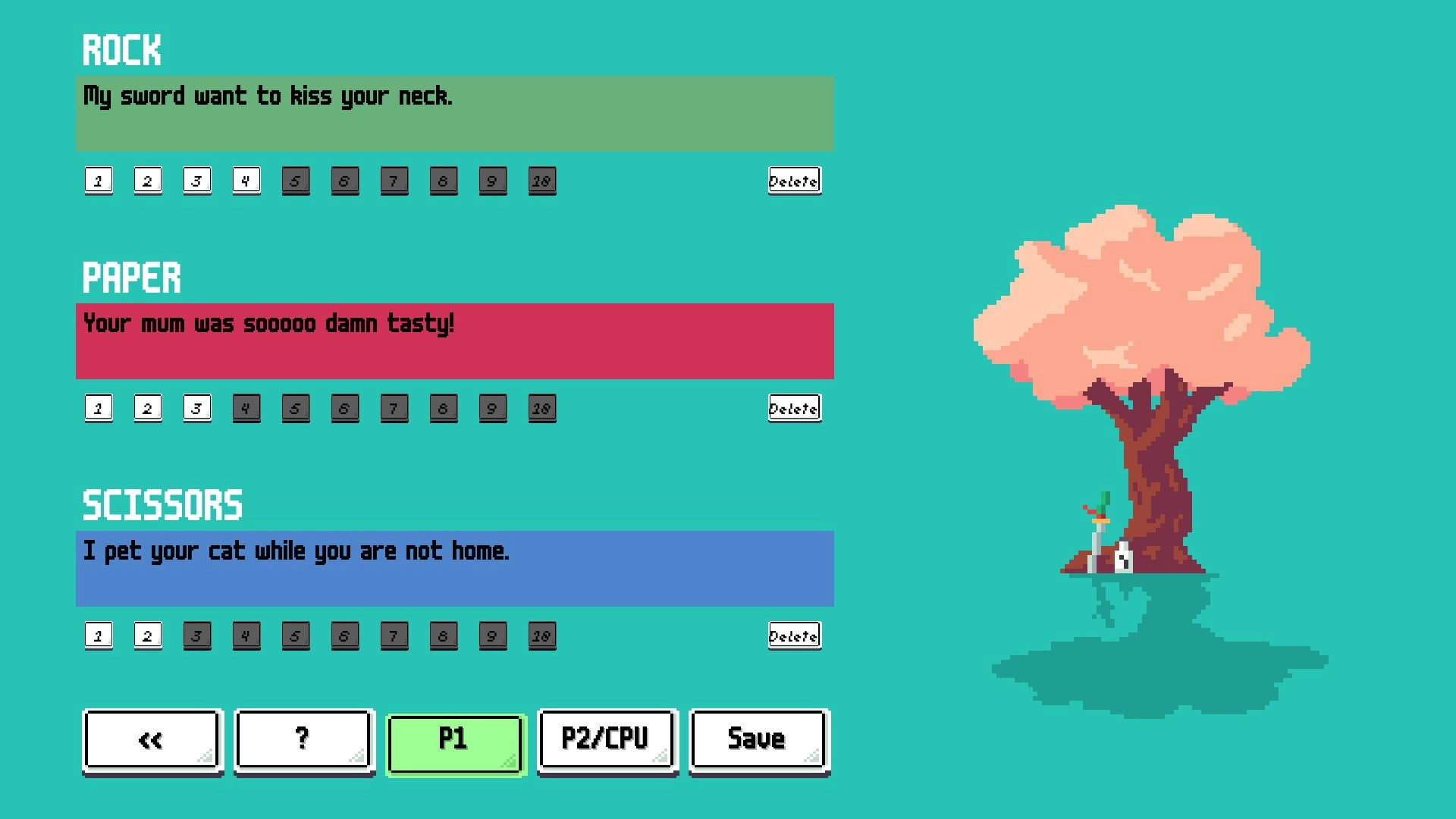 HONORLESS!: Custom insult selection screen with phrases under ROCK, PAPER, SCISSORS categories