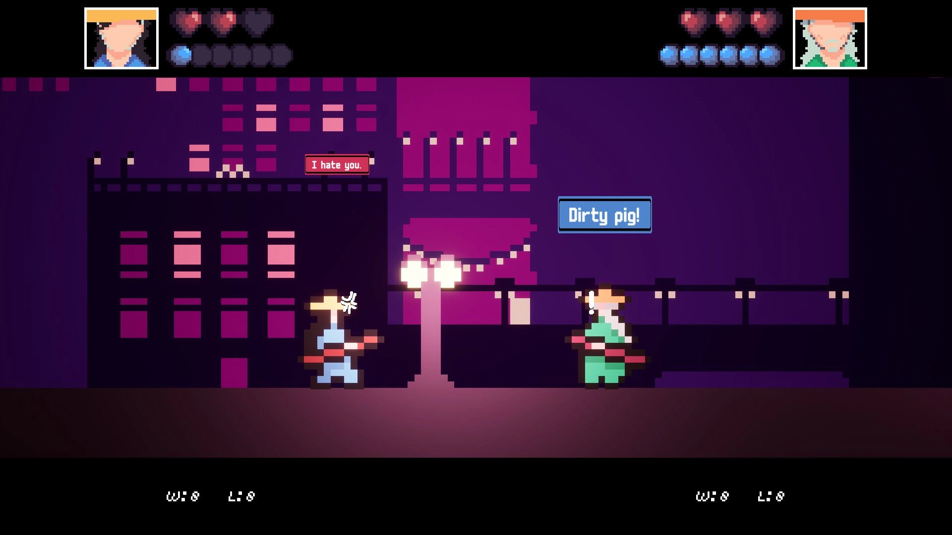 HONORLESS!: Two pixelated fighters exchange insults, "I hate you" and "Dirty pig," in a neon-lit cityscape.