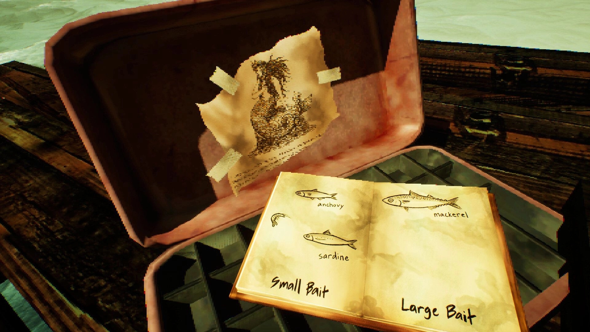 Hookeye: Bait selection book with fish sketches in open suitcase on a wooden dock by water.