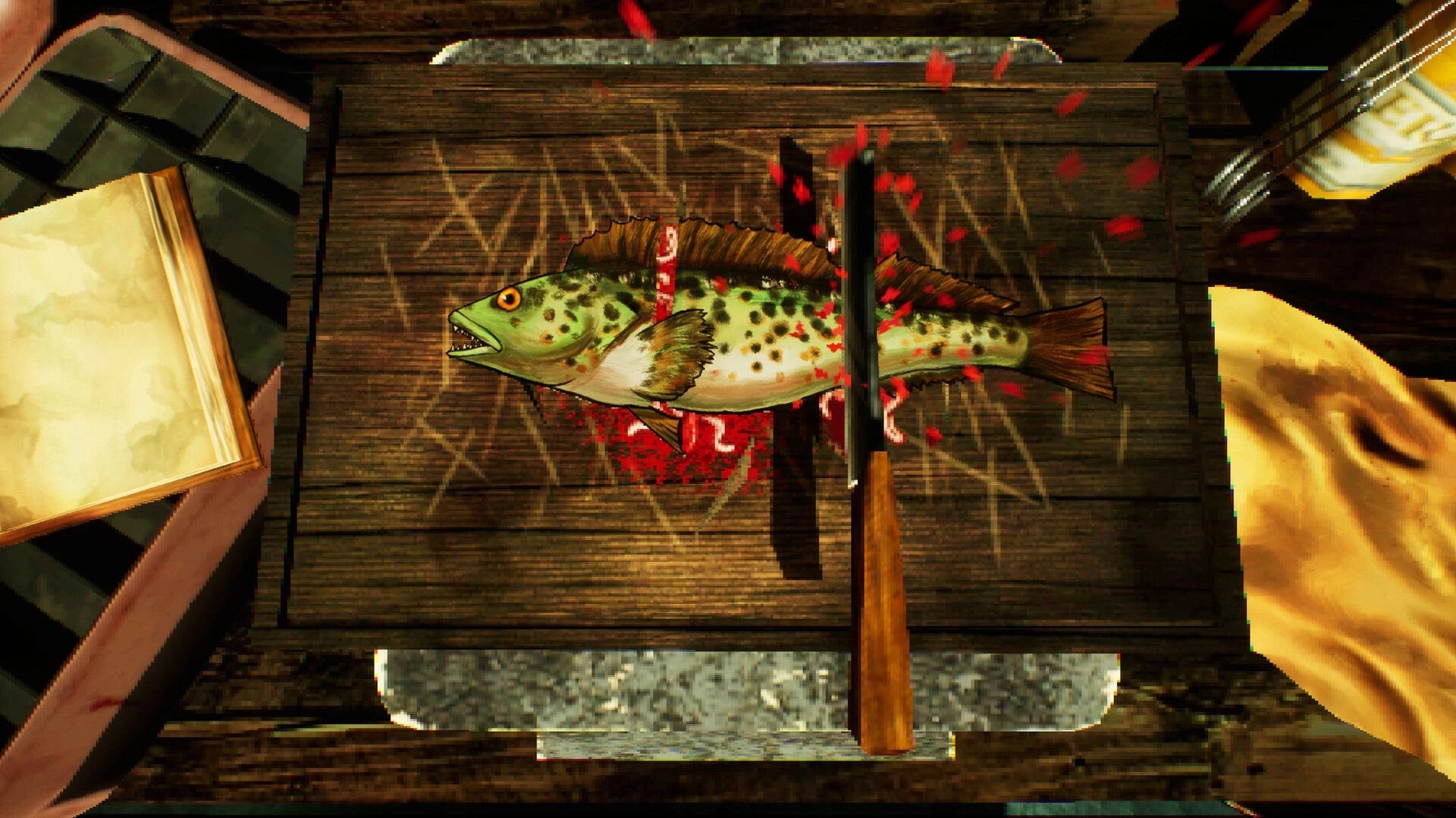 Hookeye: Fish being chopped with a cleaver on a wooden cutting board in a grimy cabin workspace.